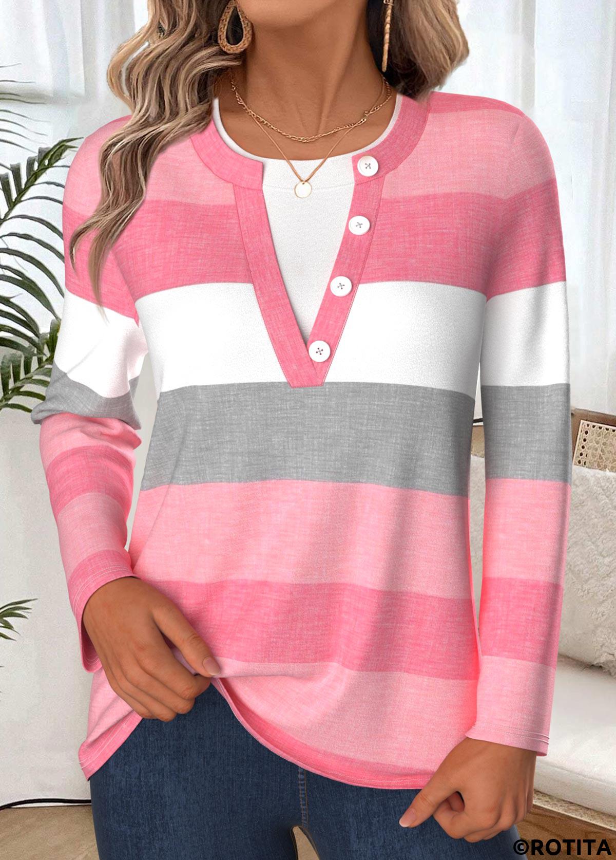 Pink tops,Striped tops,Geometric tops,ROTITA Tummy Coverage Striped Pink Split Neck T Shirt