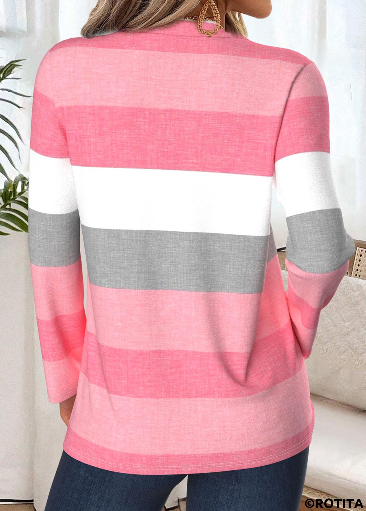 Pink tops,Striped tops,Geometric tops,ROTITA Tummy Coverage Striped Pink Split Neck T Shirt