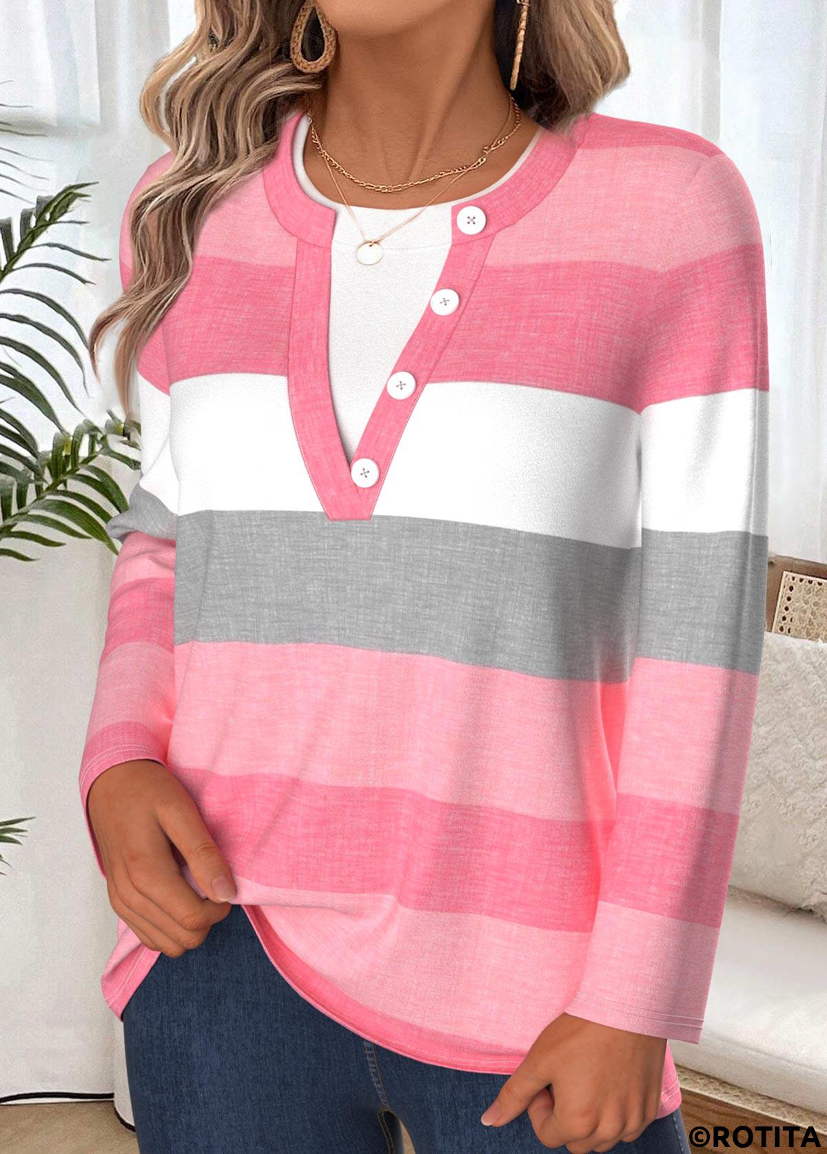 Pink tops,Striped tops,Geometric tops,ROTITA Tummy Coverage Striped Pink Split Neck T Shirt
