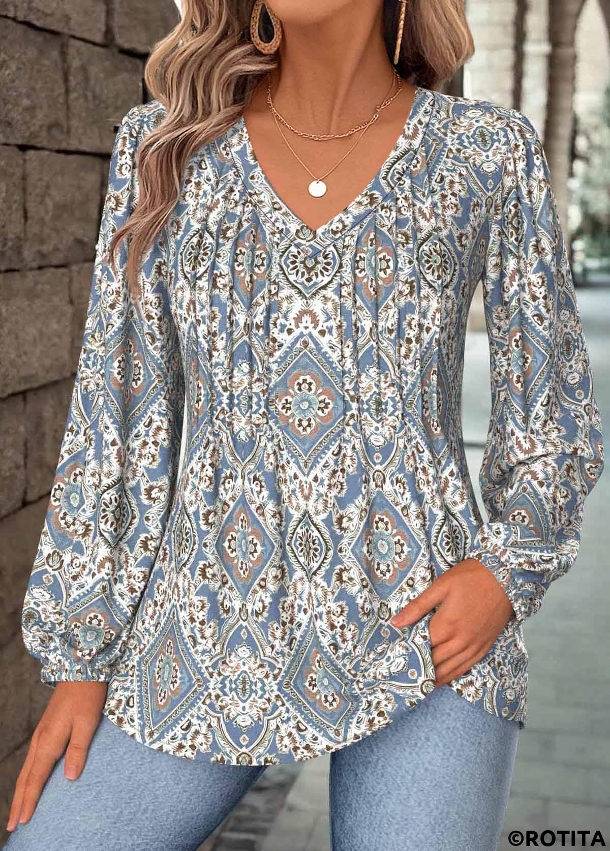 Dusty Blue tops,Tribal tops,ROTITA Tummy Coverage Tribal Print Dusty Blue V Neck Blouse