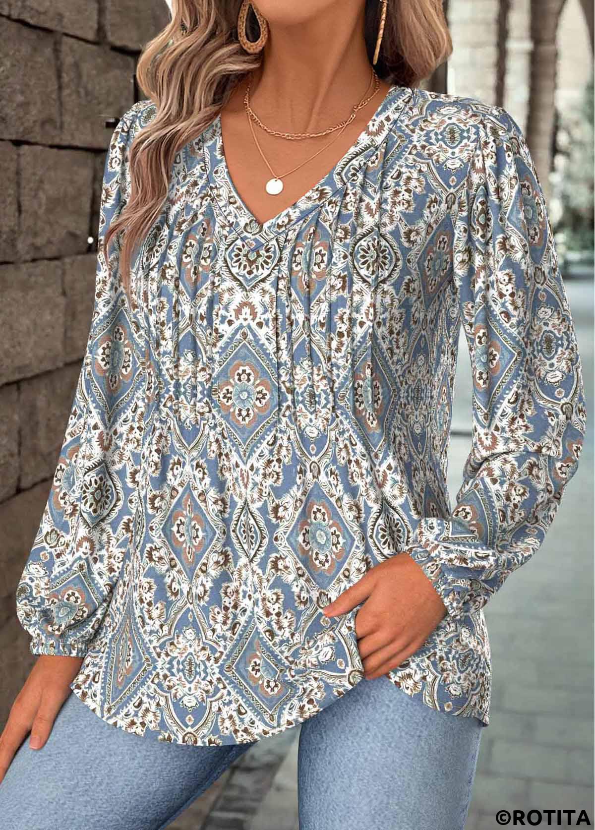 Dusty Blue tops,Tribal tops,ROTITA Tummy Coverage Tribal Print Dusty Blue V Neck Blouse