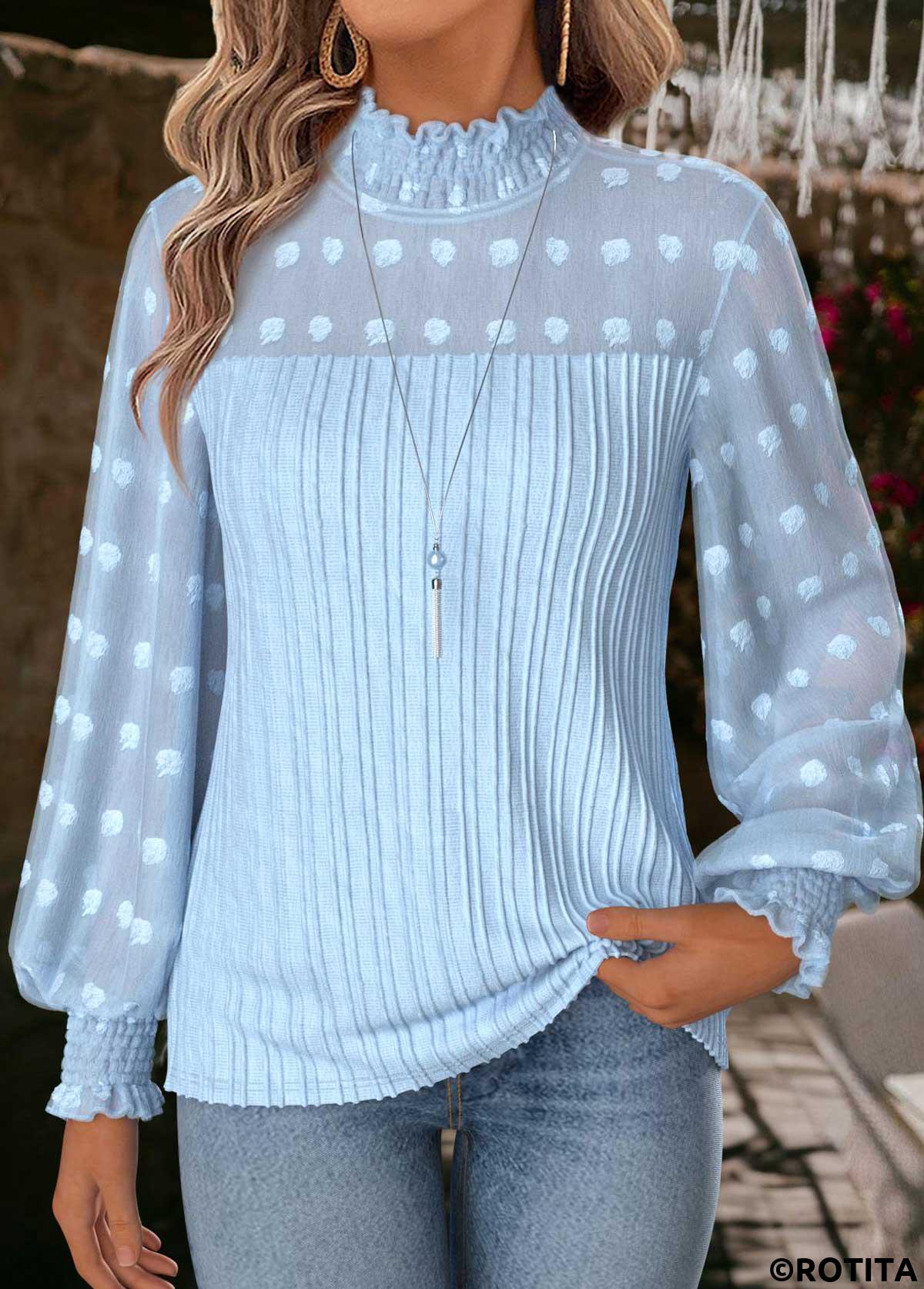 Light Blue tops,Plain Color tops,ROTITA Tummy Coverage Light Blue High Neck Long Sleeve Blouse