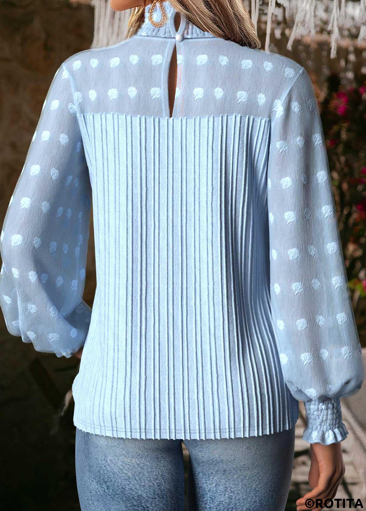 Light Blue tops,Plain Color tops,ROTITA Tummy Coverage Light Blue High Neck Long Sleeve Blouse