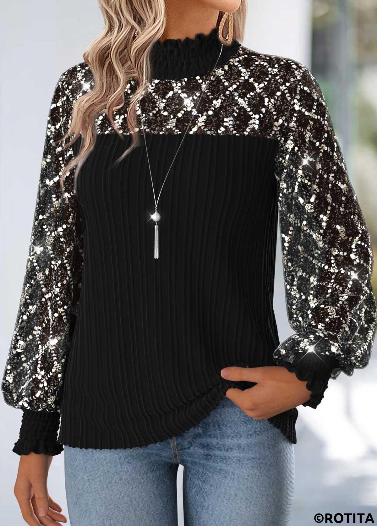 Black tops,Plain Color tops,ROTITA Tummy Coverage Black High Neck Long Sleeve Blouse
