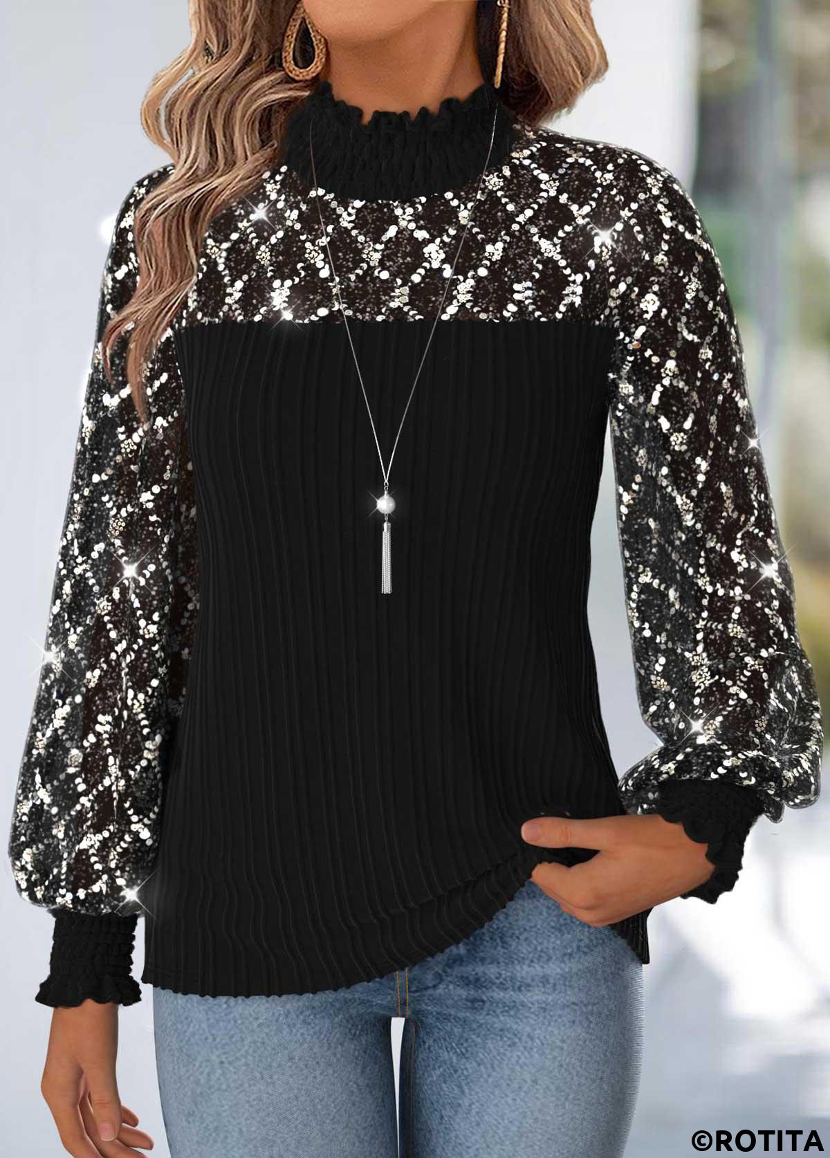 Black tops,Plain Color tops,ROTITA Tummy Coverage Black High Neck Long Sleeve Blouse