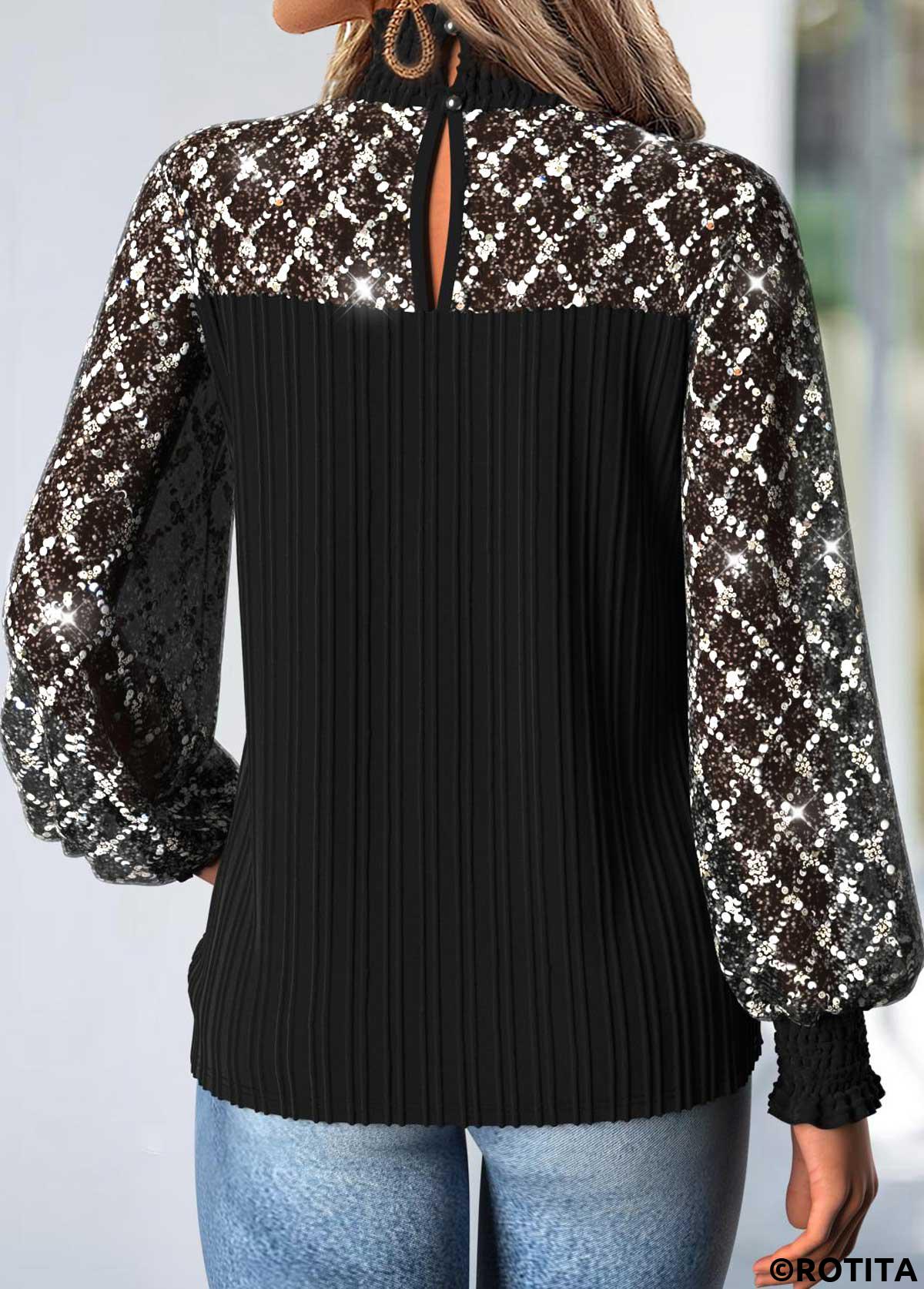 Black tops,Plain Color tops,ROTITA Tummy Coverage Black High Neck Long Sleeve Blouse