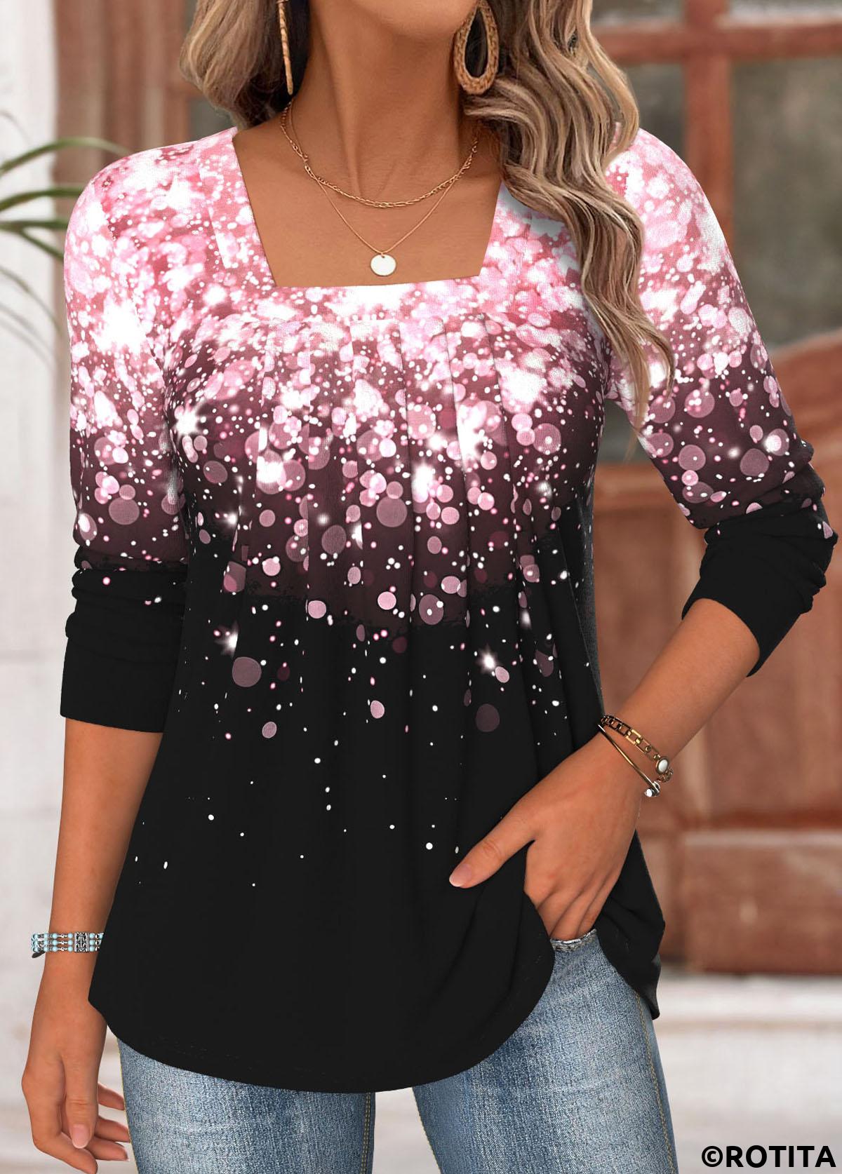 Light Pink tops,Ombre tops,ROTITA Tummy Coverage Ombre Light Pink Square Neck T Shirt