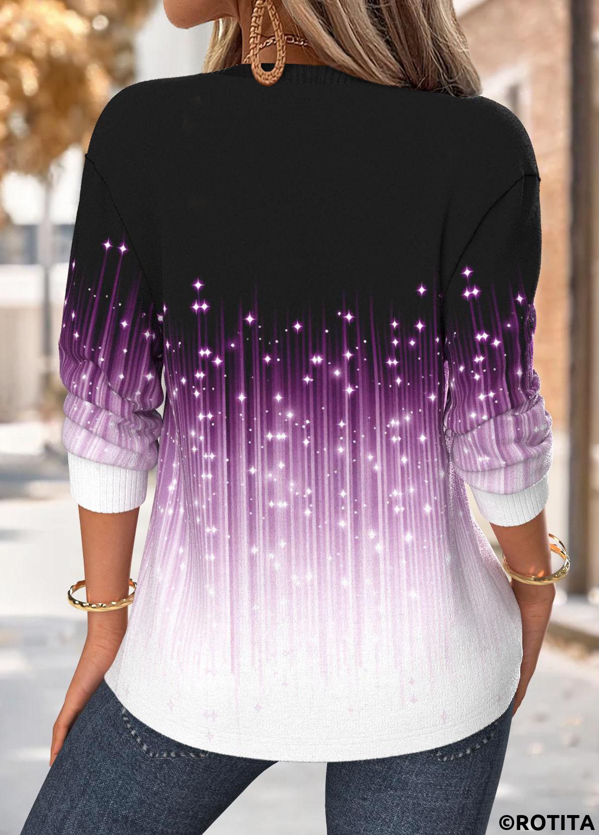 Violet tops,Ombre tops,ROTITA Tummy Coverage Ombre Violet Split Neck Long Sleeve Sweatshirt