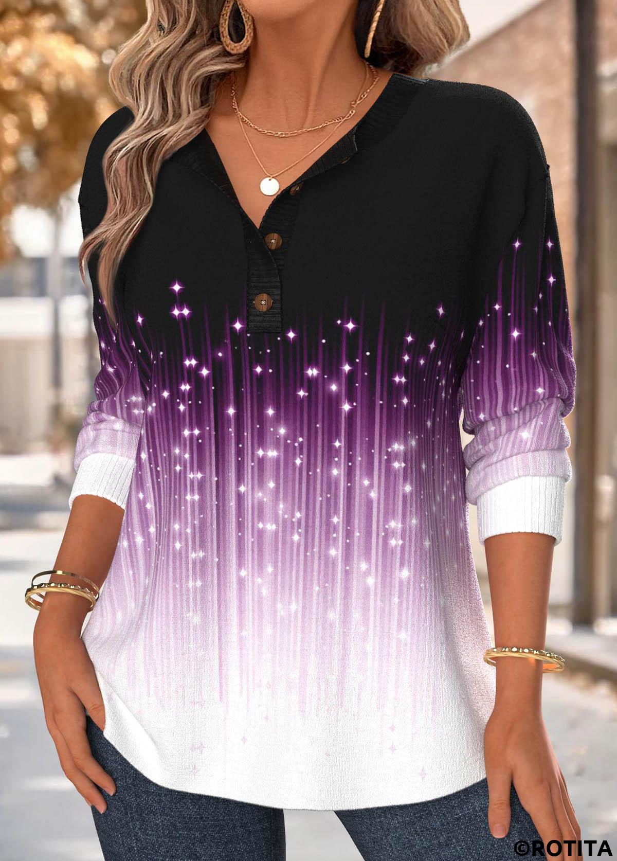Violet tops,Ombre tops,ROTITA Tummy Coverage Ombre Violet Split Neck Long Sleeve Sweatshirt