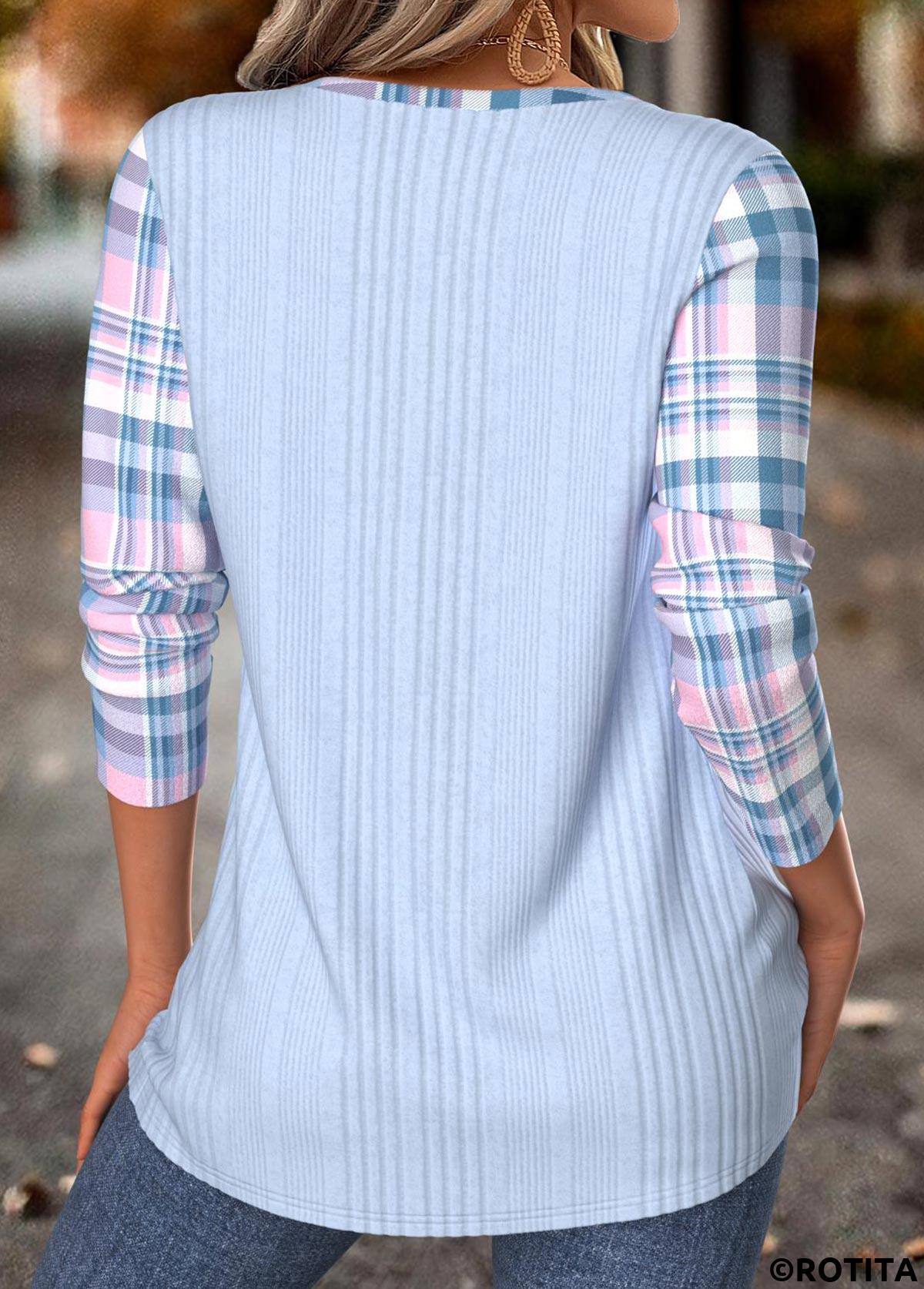 Light Blue tops,Plaid tops,Geometric tops,ROTITA Tummy Coverage Plaid Light Blue Round Neck T Shirt