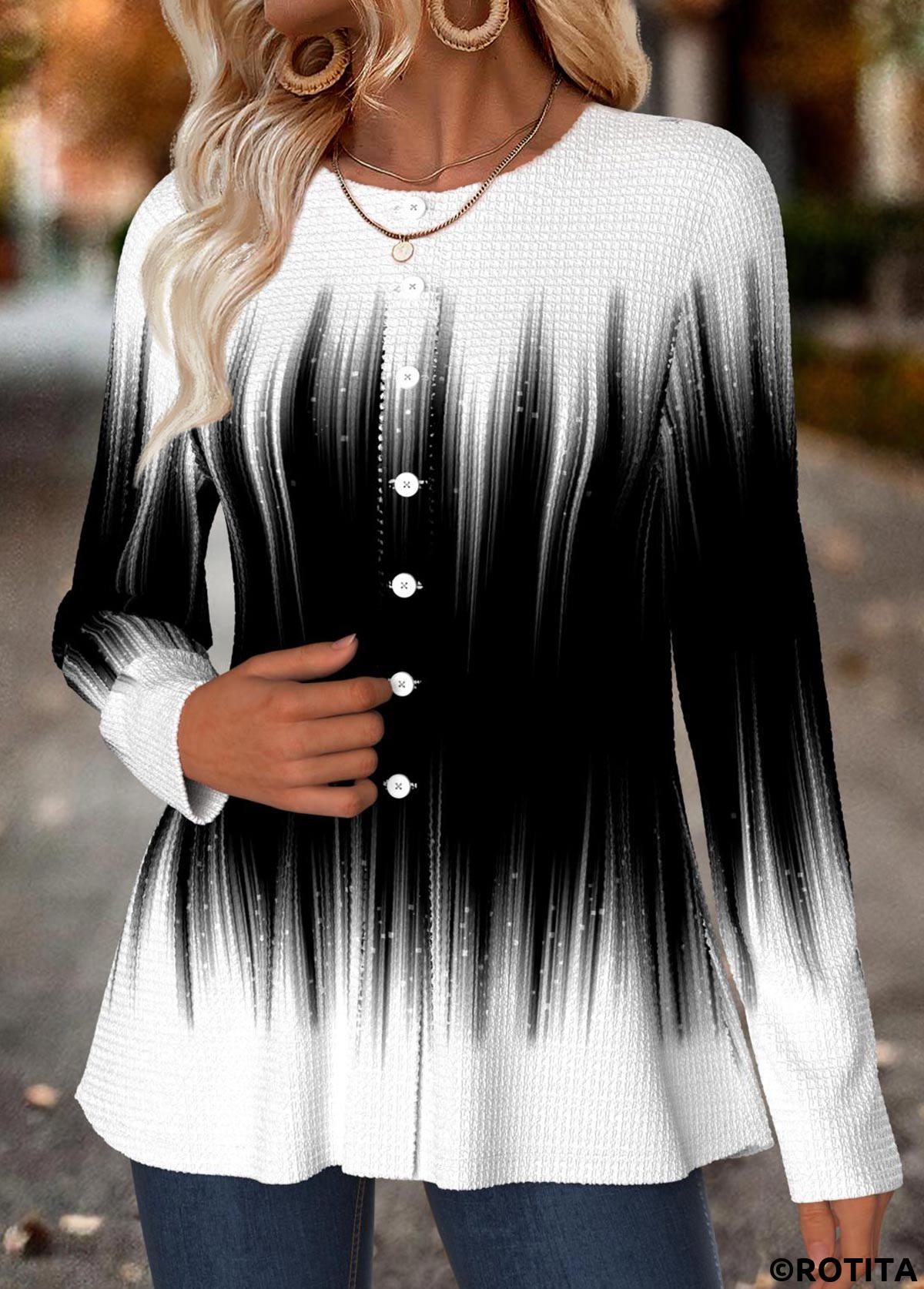 Multi Color tops,Ombre tops,ROTITA Tummy Coverage Ombre Multi Color Round Neck T Shirt