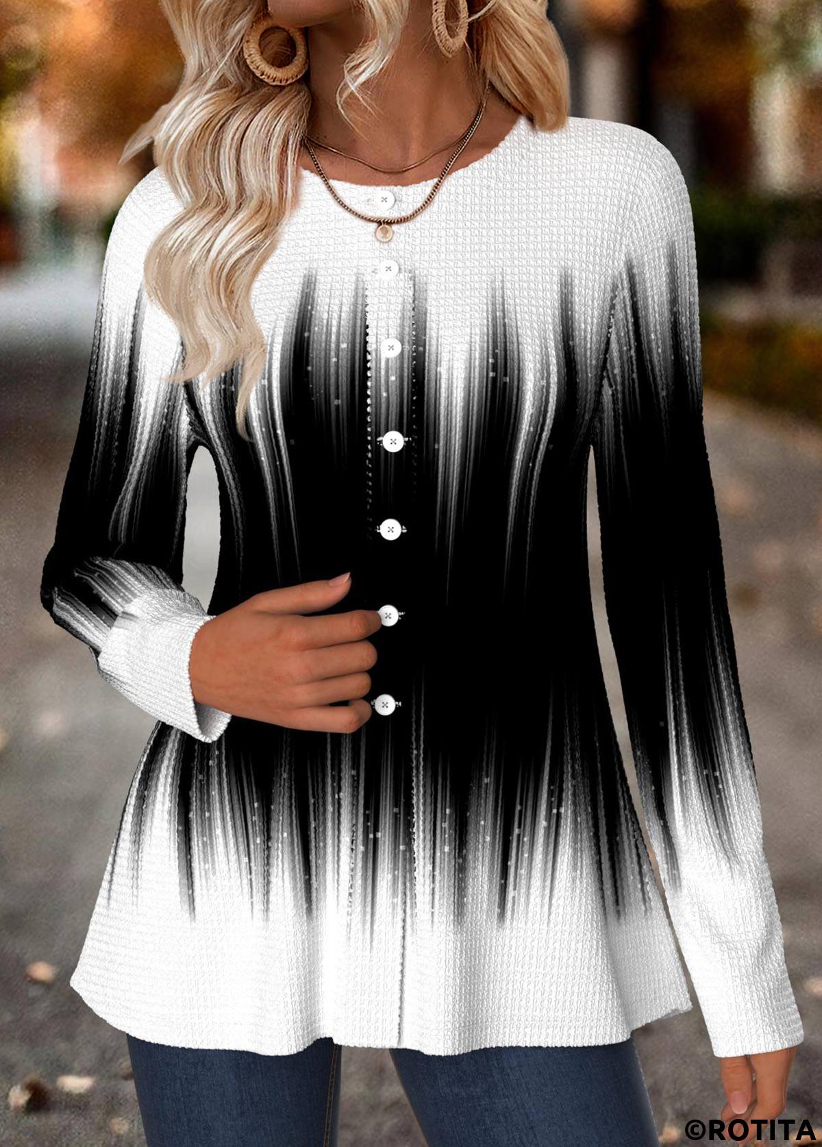 Multi Color tops,Ombre tops,ROTITA Tummy Coverage Ombre Multi Color Round Neck T Shirt