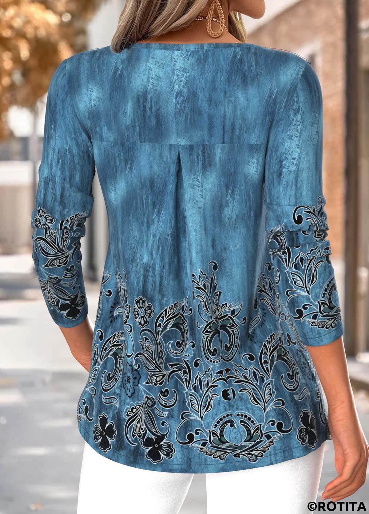 Peacock Blue tops,Tribal tops,ROTITA Tummy Coverage Tribal Print Peacock Blue T Shirt