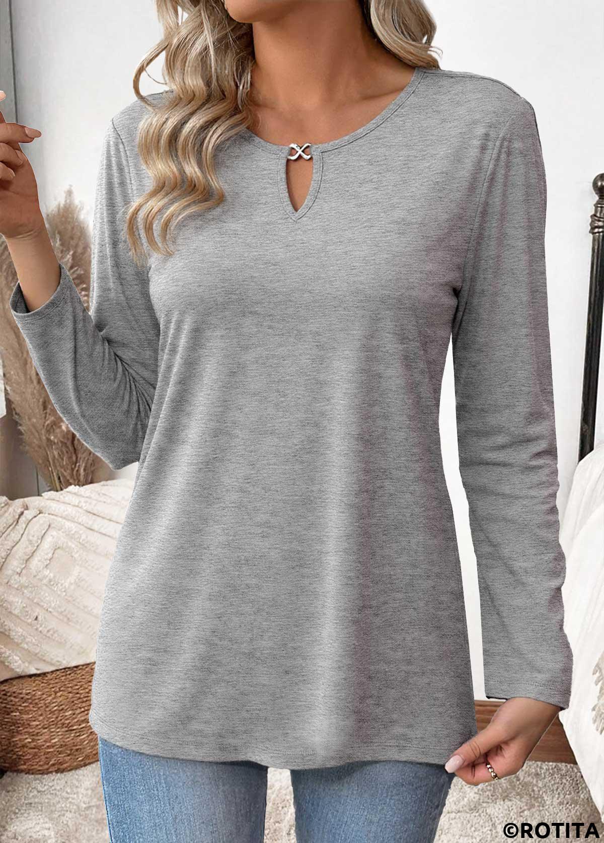 Light Grey Marl tops,Plain Color tops,ROTITA Cut Out Light Grey Marl Round Neck T Shirt