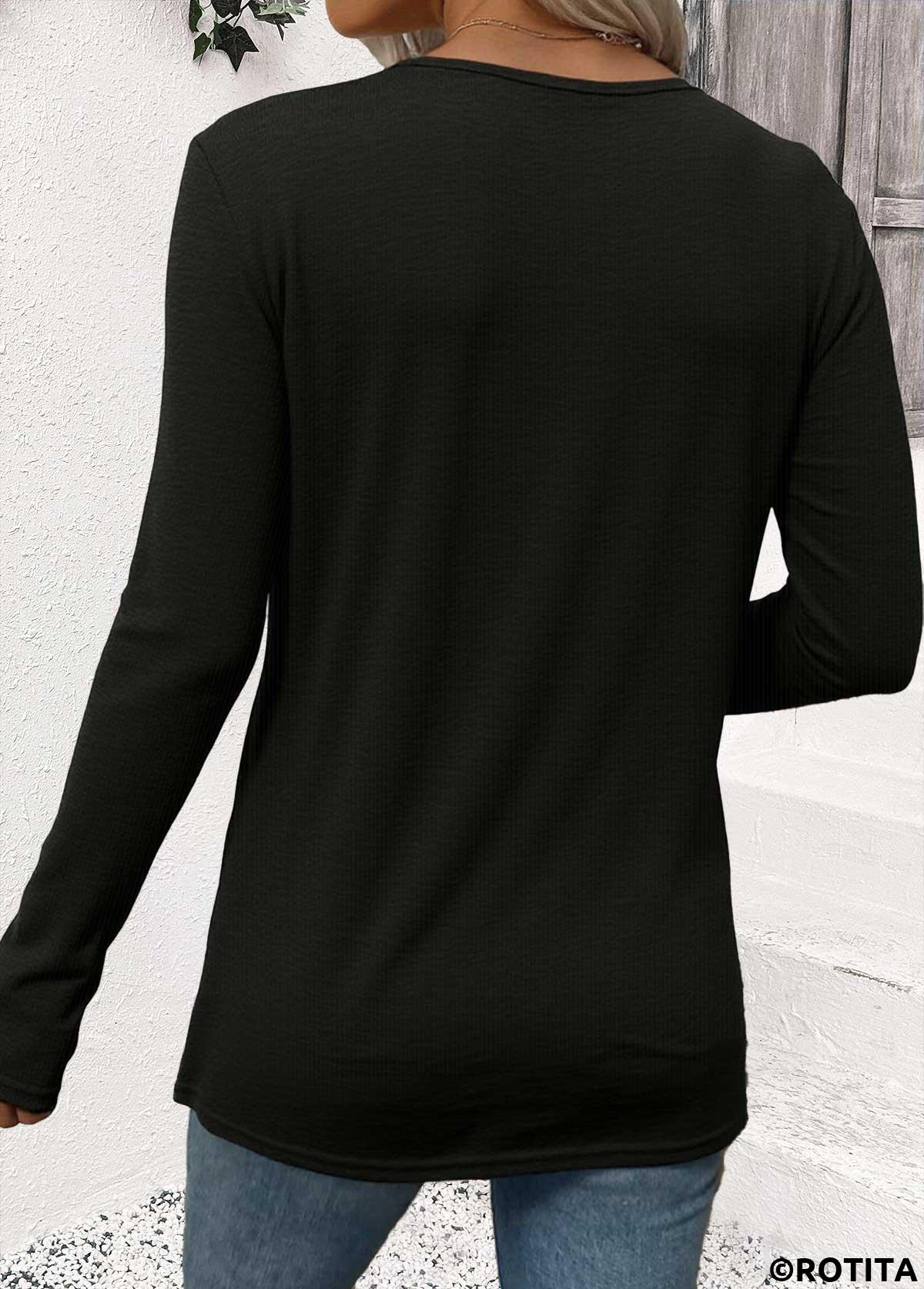 Black tops,Plain Color tops,ROTITA Twist Black Round Neck Long Sleeve T Shirt