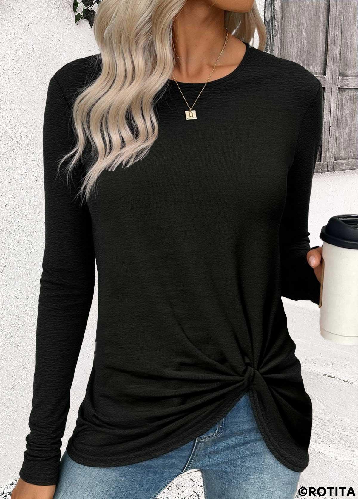 Black tops,Plain Color tops,ROTITA Twist Black Round Neck Long Sleeve T Shirt