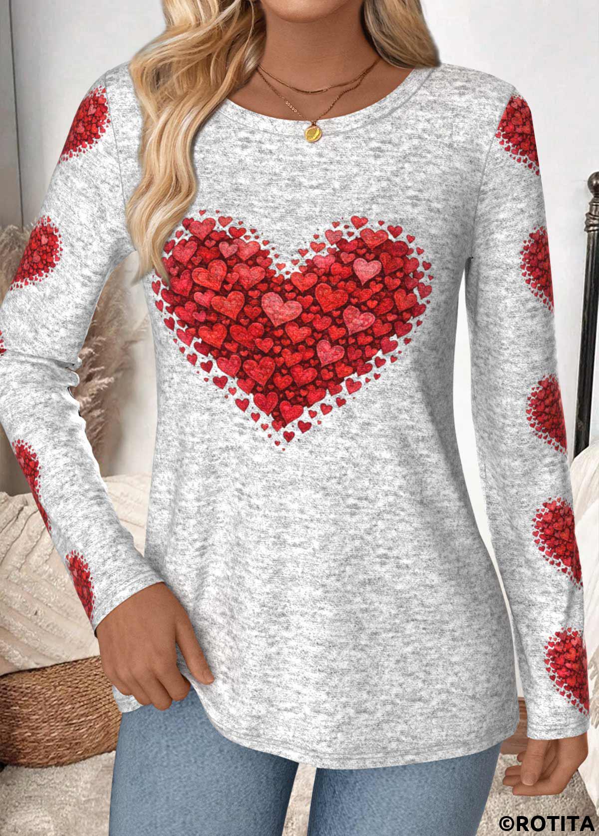 Multi Color tops,Heart tops,ROTITA Heart Print Multi Color Round Neck T Shirt