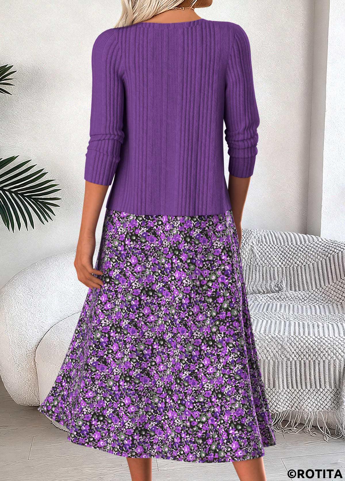 Purple dresses,Ditsy Floral dresses,Everyday dresses,Casual dresses,ROTITA Tummy Coverage Ditsy Floral Print Purple Dress and Cardigan