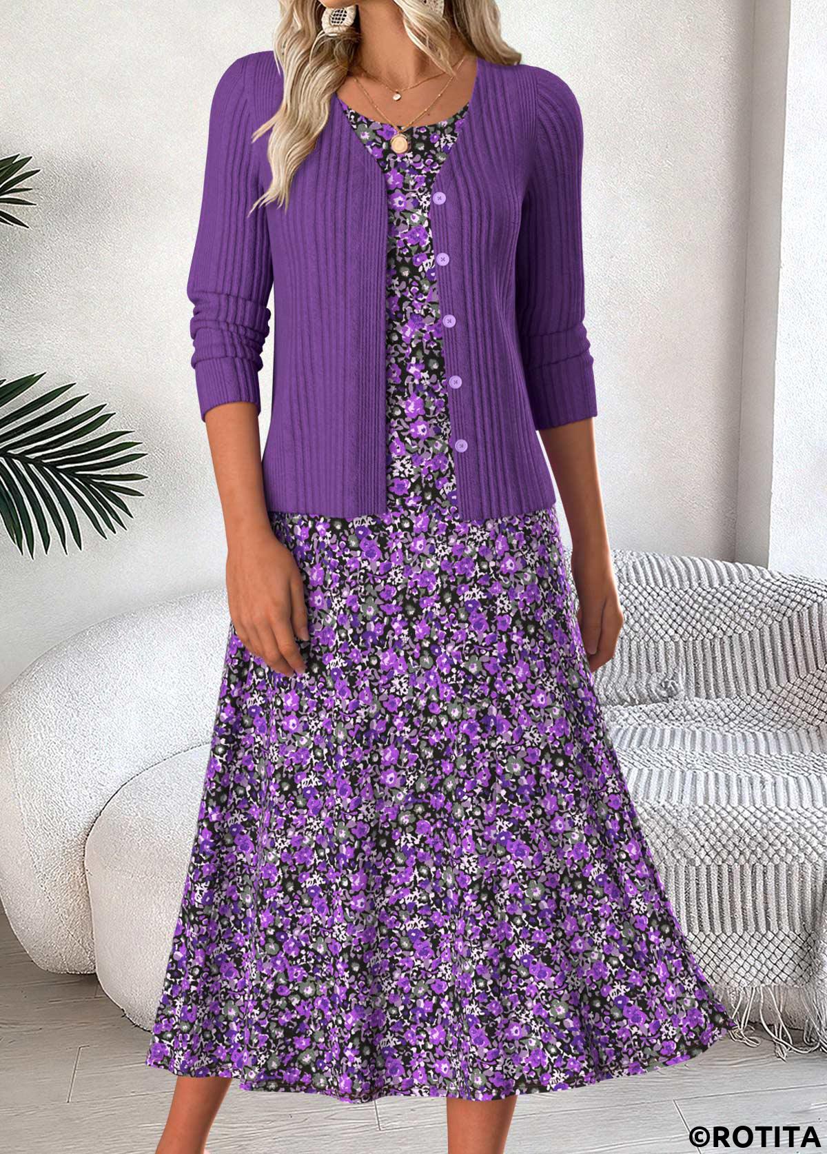 Purple dresses,Ditsy Floral dresses,Everyday dresses,Casual dresses,ROTITA Tummy Coverage Ditsy Floral Print Purple Dress and Cardigan