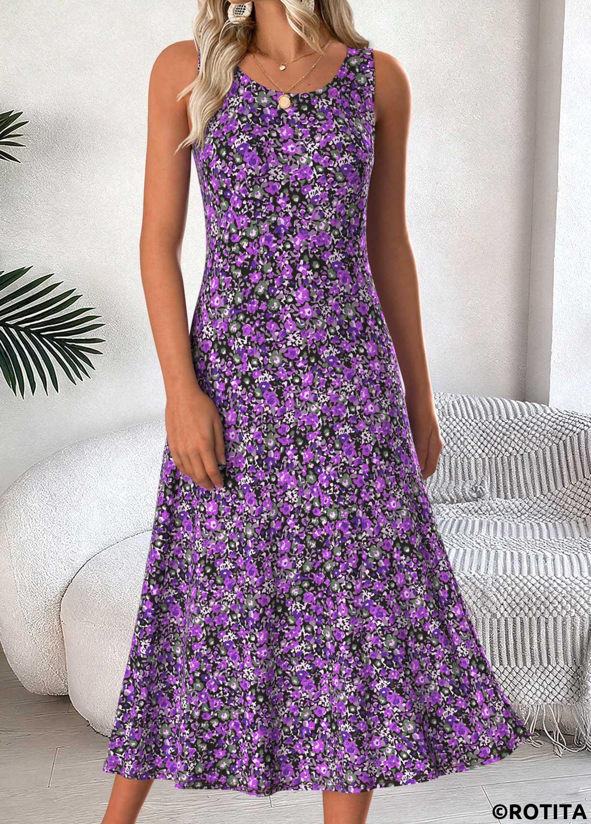 Purple dresses,Ditsy Floral dresses,Everyday dresses,Casual dresses,ROTITA Tummy Coverage Ditsy Floral Print Purple Dress and Cardigan