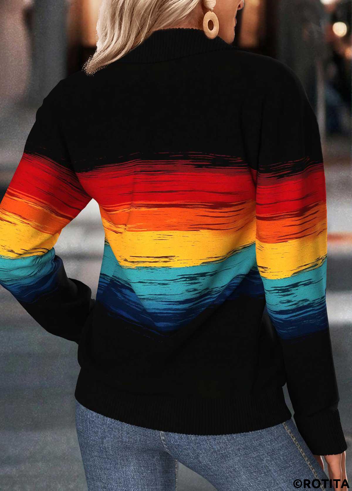 Multi Color tops,Striped tops,Geometric tops,ROTITA Tummy Coverage Multi Stripe Print Turn Down Collar Sweatshirt