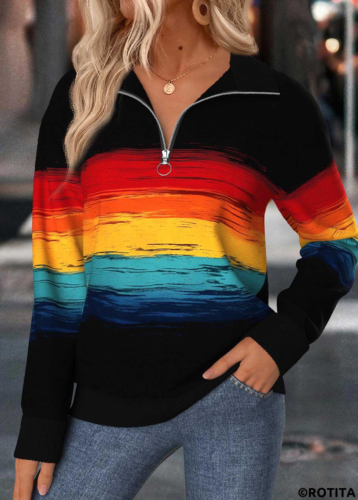 Multi Color tops,Striped tops,Geometric tops,ROTITA Tummy Coverage Multi Stripe Print Turn Down Collar Sweatshirt