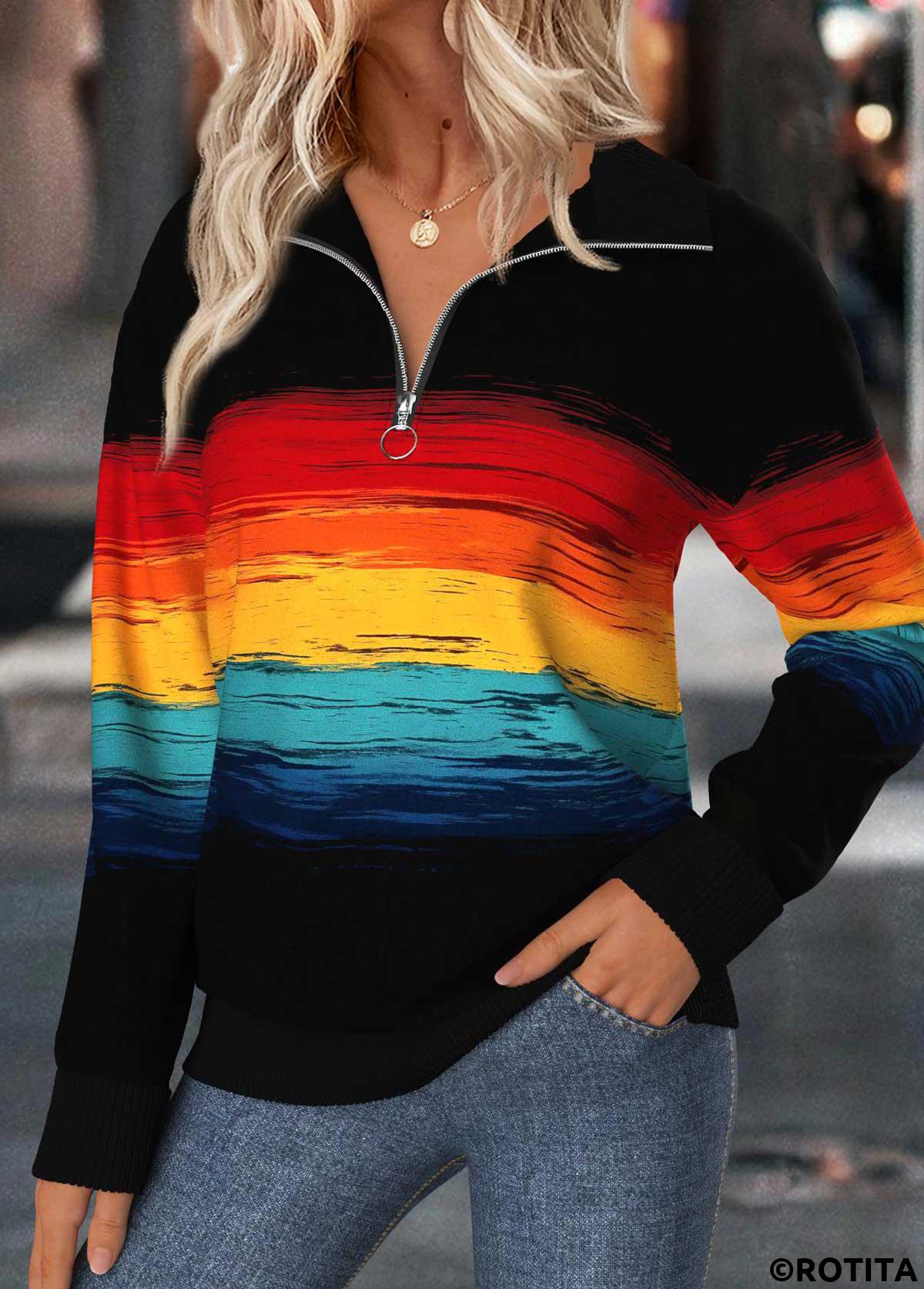 Multi Color tops,Striped tops,Geometric tops,ROTITA Tummy Coverage Multi Stripe Print Turn Down Collar Sweatshirt