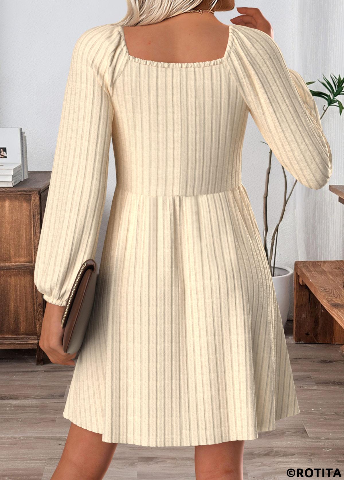 Beige dresses,Plain Color dresses,Everyday dresses,Casual dresses,ROTITA Tummy Coverage Beige Short V Neck Long Sleeve Dress