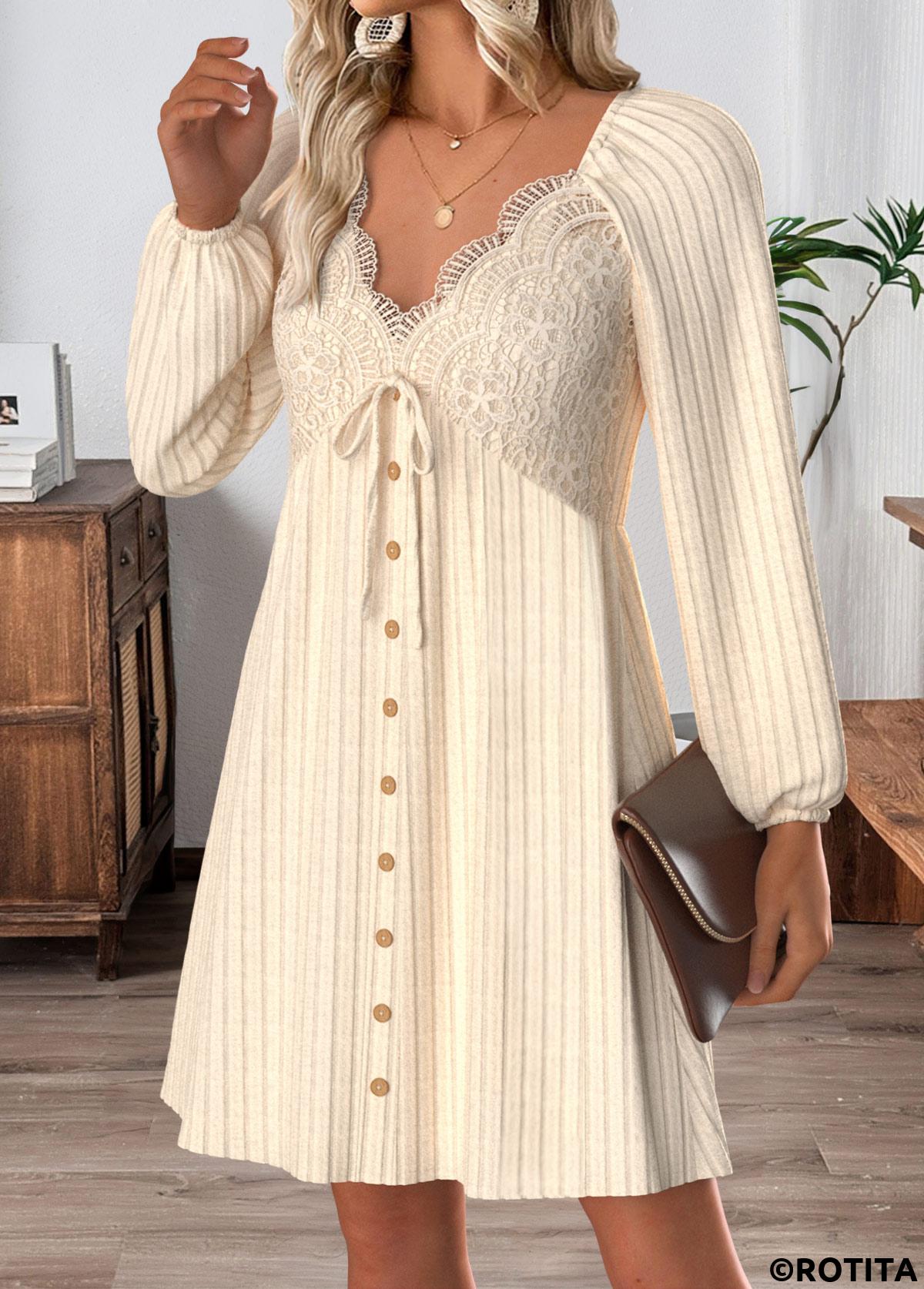 Beige dresses,Plain Color dresses,Everyday dresses,Casual dresses,ROTITA Tummy Coverage Beige Short V Neck Long Sleeve Dress
