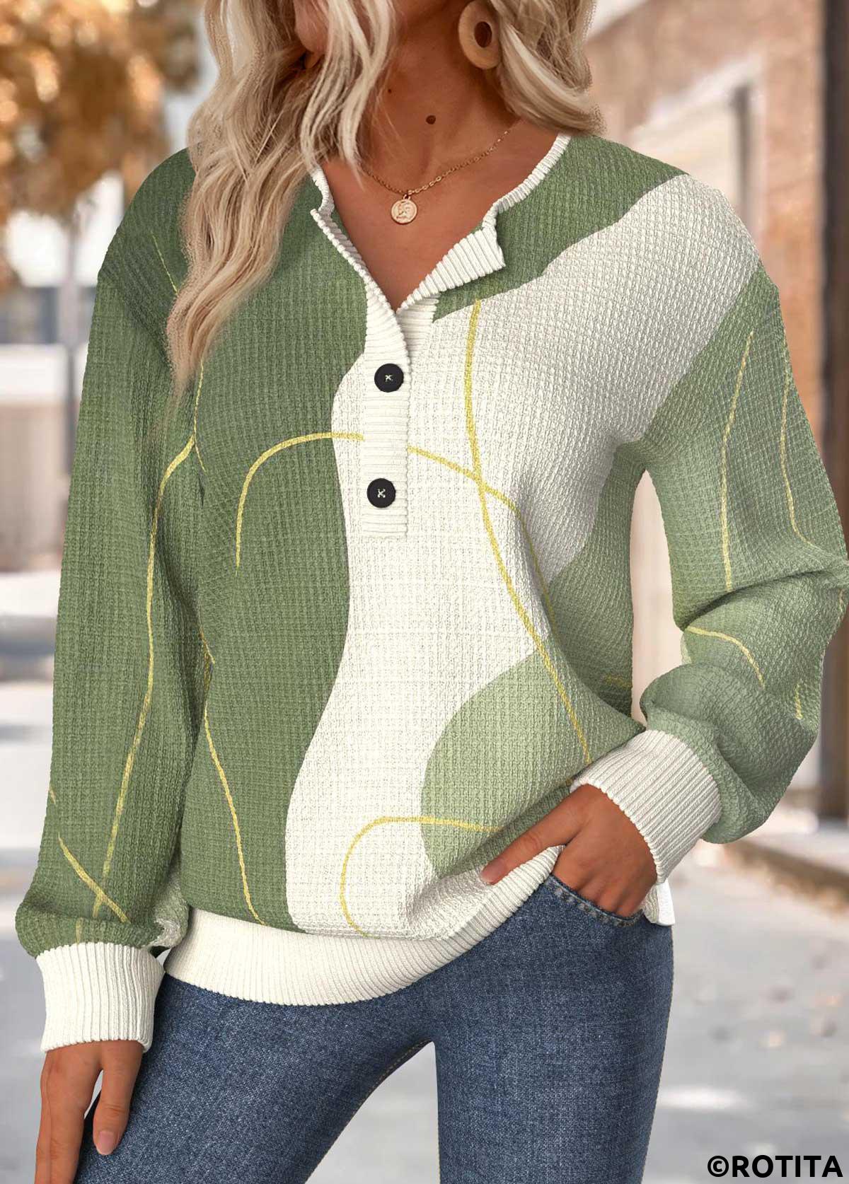 Sage Green tops,Geometric tops,ROTITA Tummy Coverage Geometric Print Sage Green Round Neck Sweatshirt