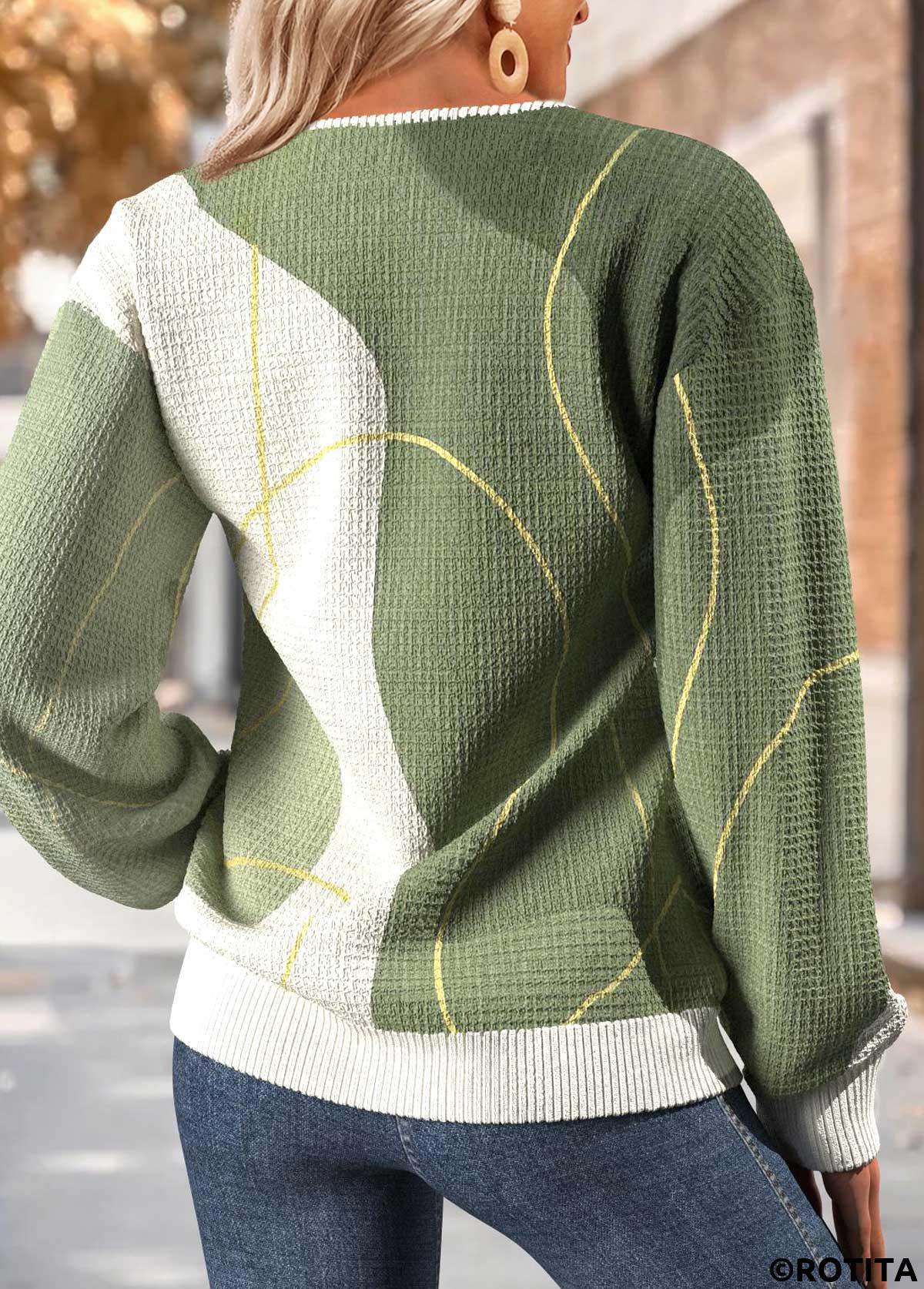 Sage Green tops,Geometric tops,ROTITA Tummy Coverage Geometric Print Sage Green Round Neck Sweatshirt