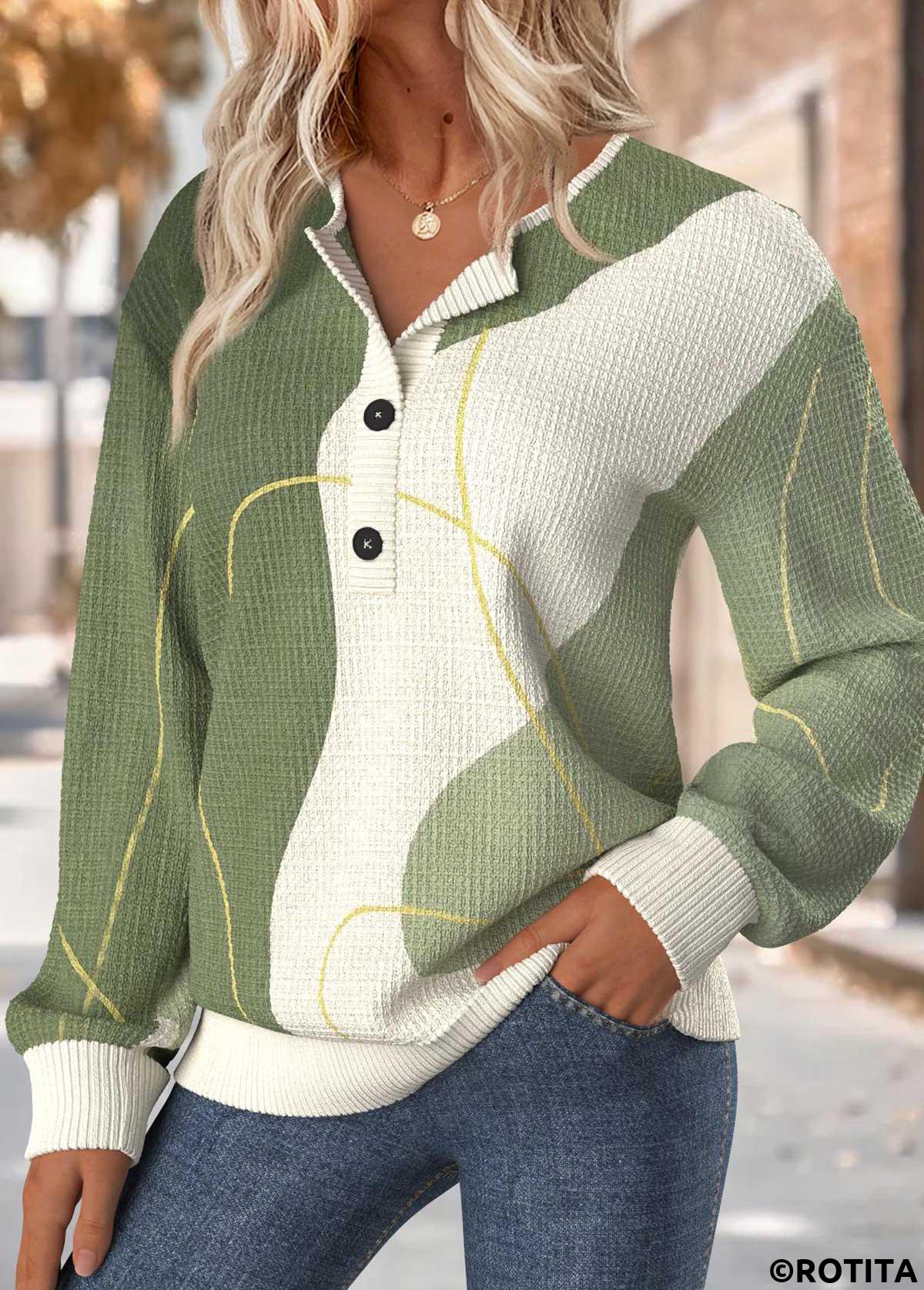 Sage Green tops,Geometric tops,ROTITA Tummy Coverage Geometric Print Sage Green Round Neck Sweatshirt