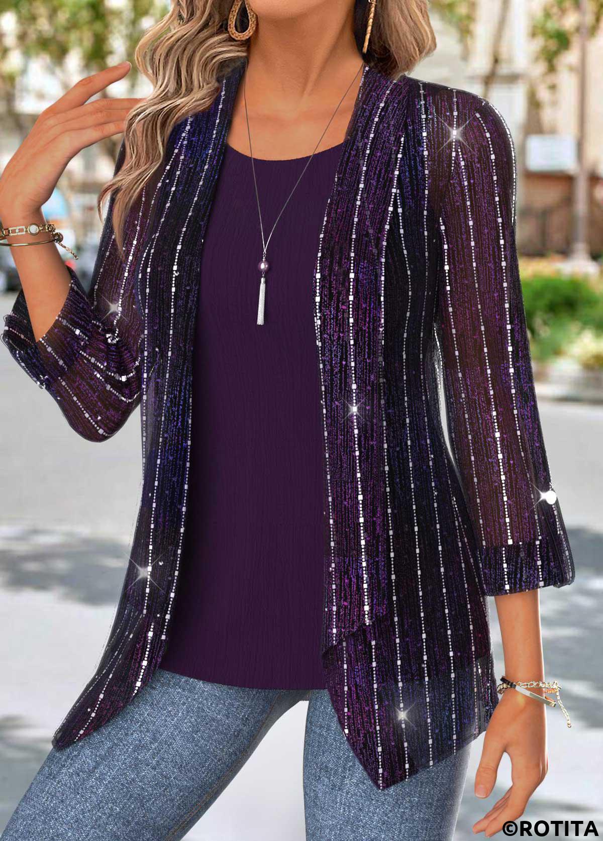 Purple tops,Plain Color tops,ROTITA Tummy Coverage Purple Round Neck Cardigan and Tank Top