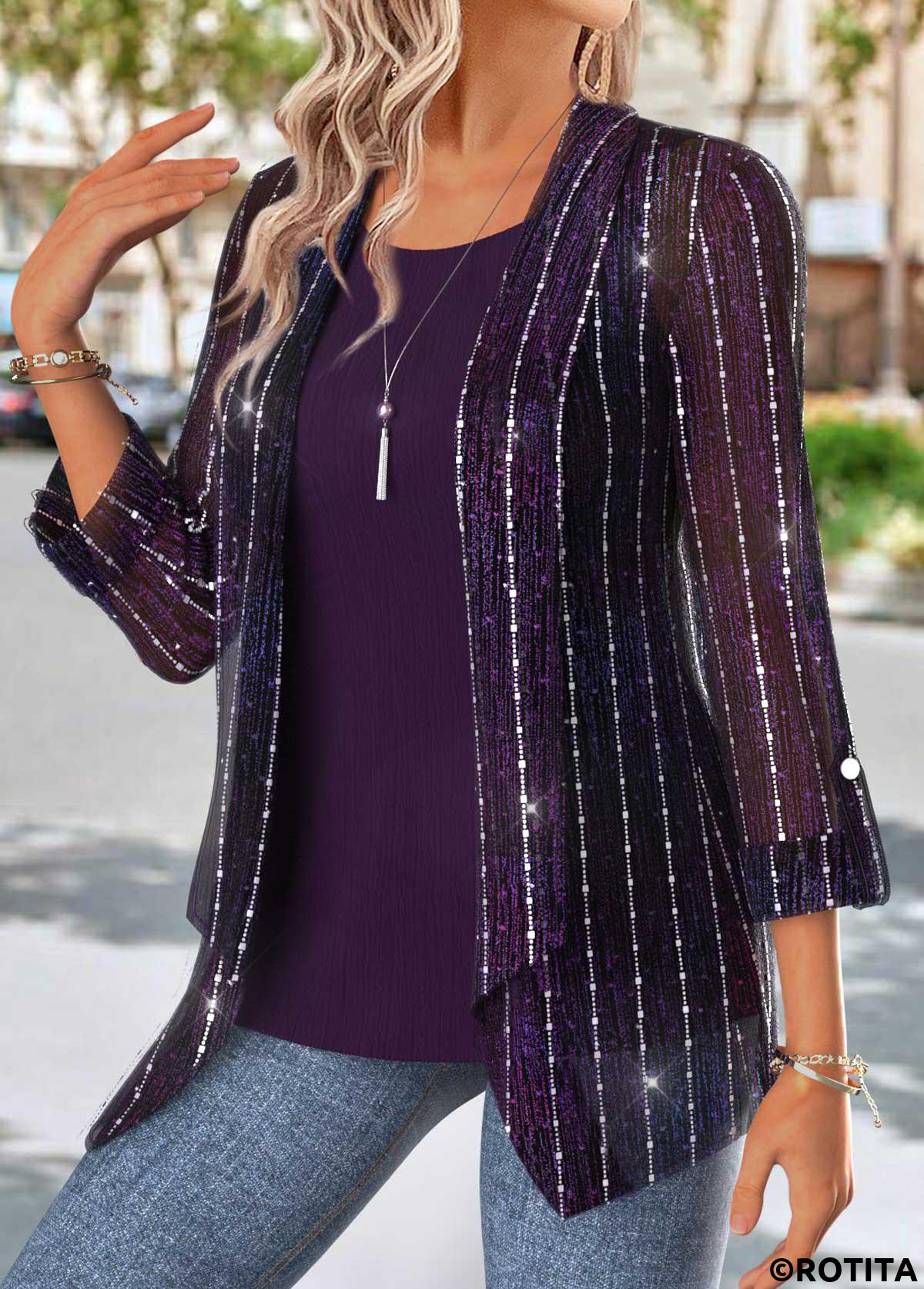 Purple tops,Plain Color tops,ROTITA Tummy Coverage Purple Round Neck Cardigan and Tank Top