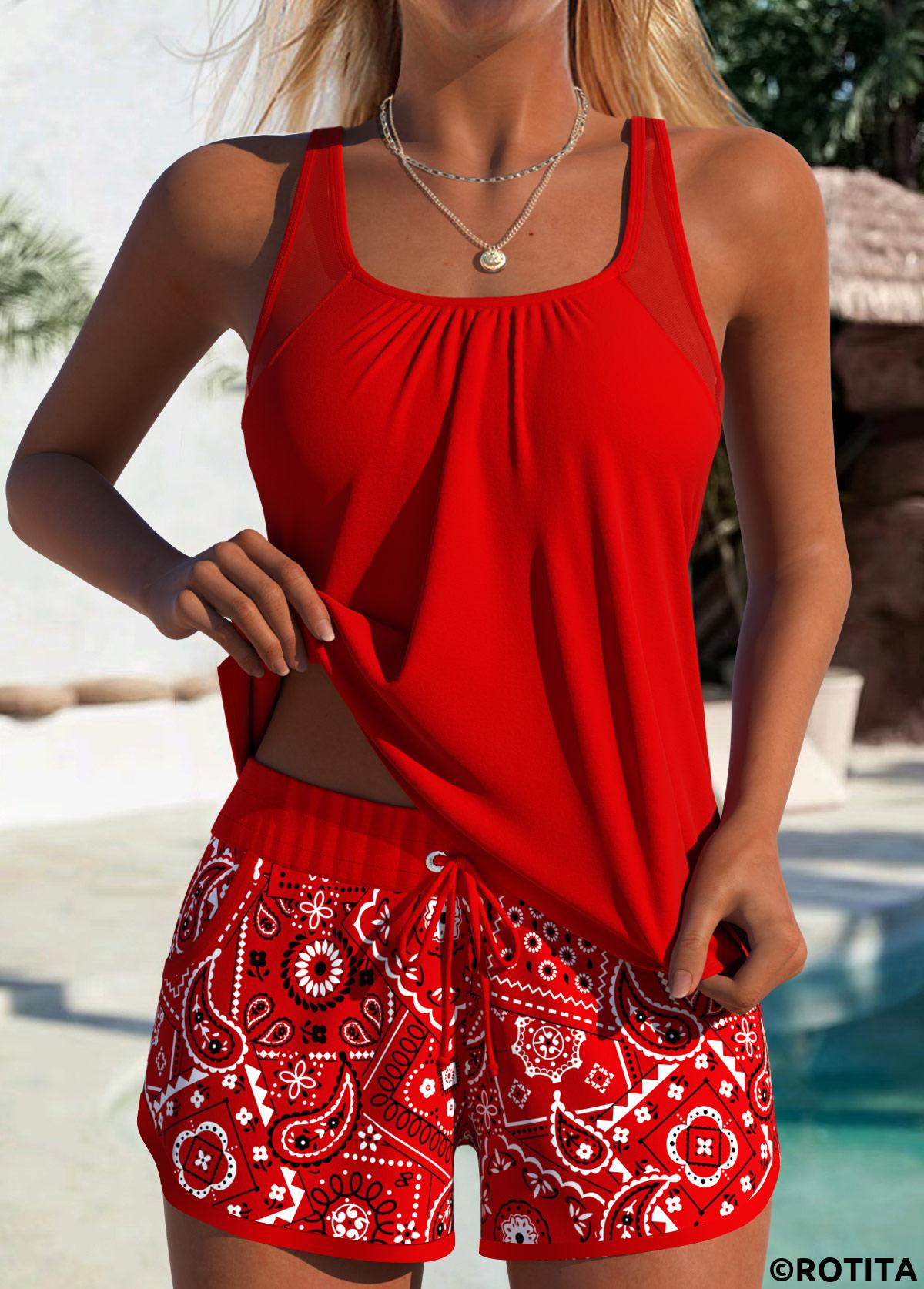 Red swimwear,Paisley swimwear,ROTITA Tummy Coverage Red Paisley Print Mid Waisted Tankini Set