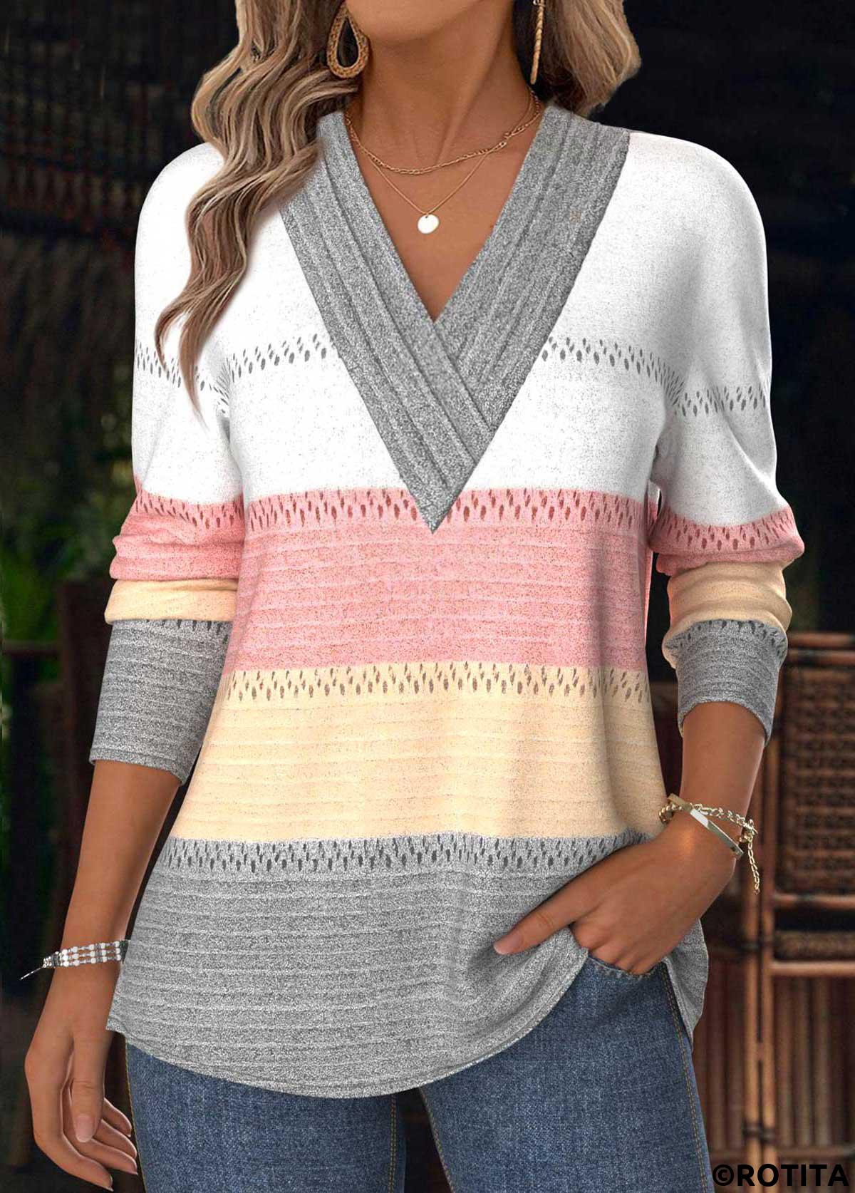 Multi Color tops,Striped tops,Geometric tops,ROTITA Tummy Coverage Striped Multi Color V Neck T Shirt