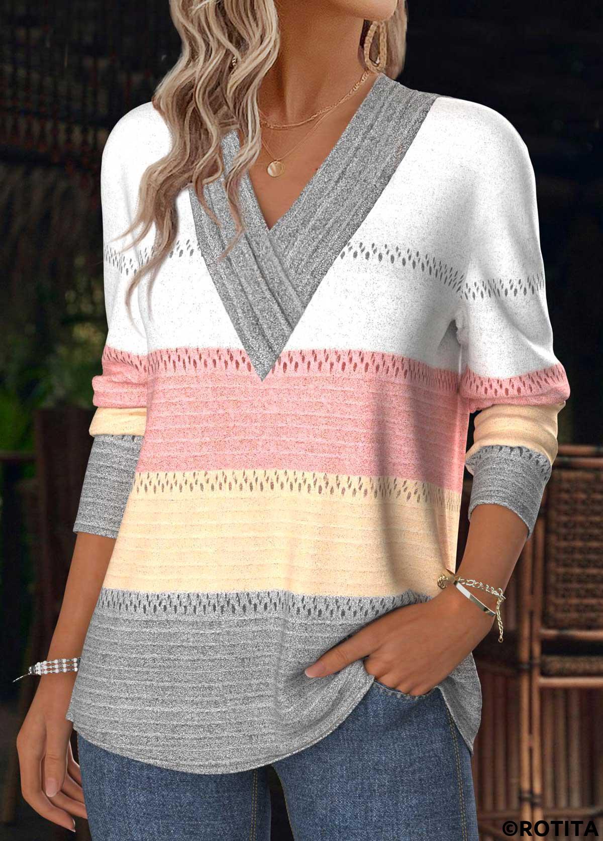 Multi Color tops,Striped tops,Geometric tops,ROTITA Tummy Coverage Striped Multi Color V Neck T Shirt