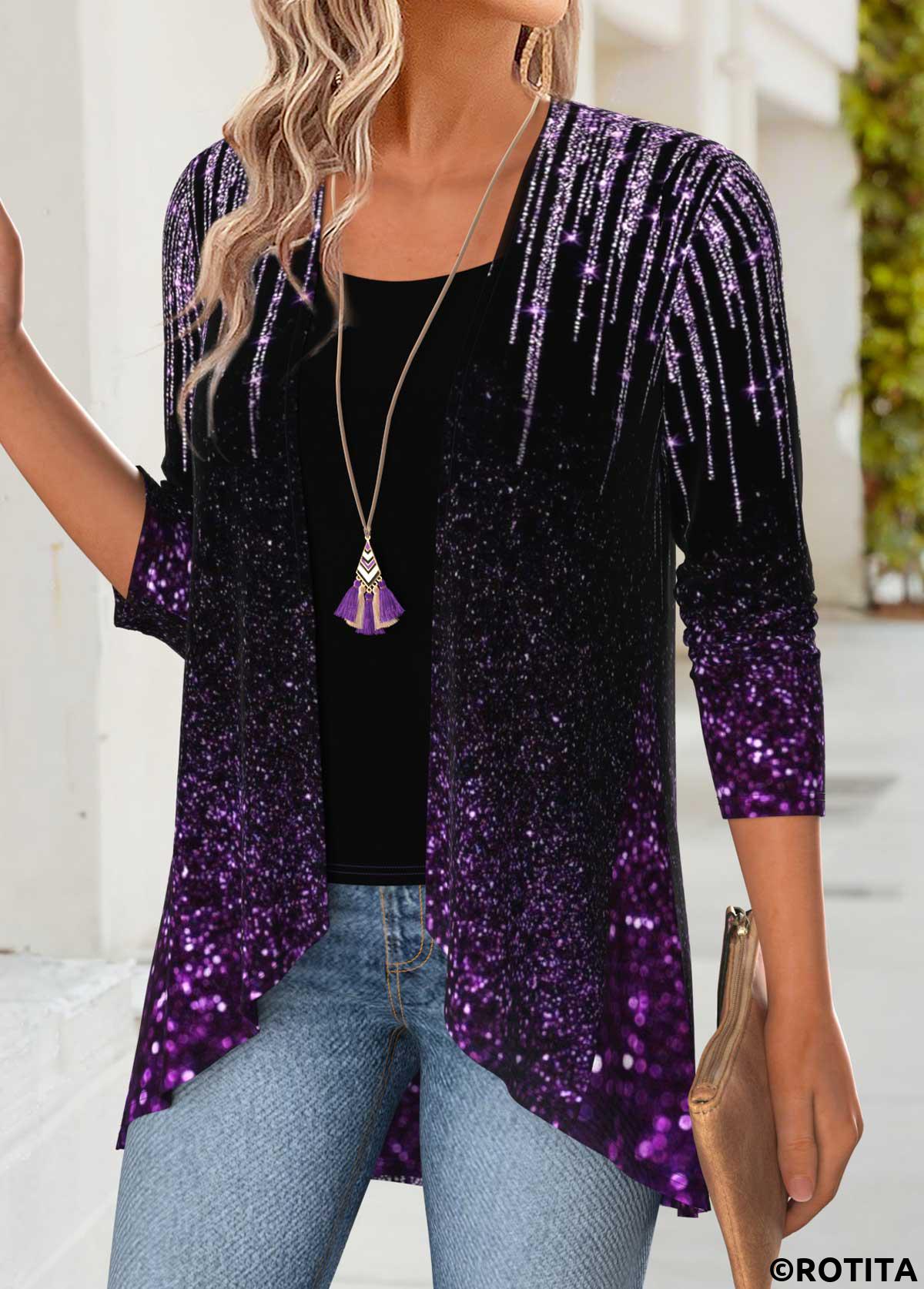 Purple tops,Ombre tops,ROTITA Tummy Coverage Ombre Purple Long Sleeve Lightweight Cardigan