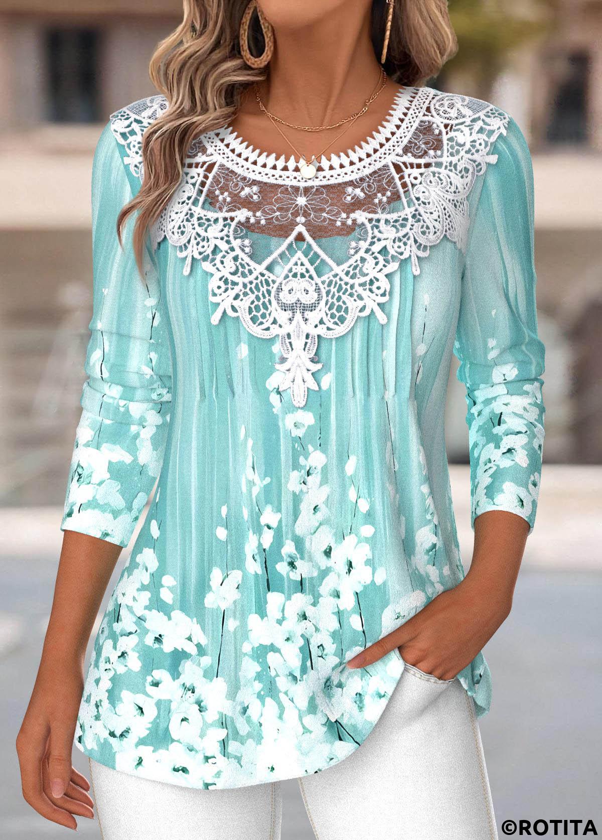 Cyan tops,Floral tops,Plants tops,ROTITA Tummy Coverage Floral Print Cyan Round Neck T Shirt