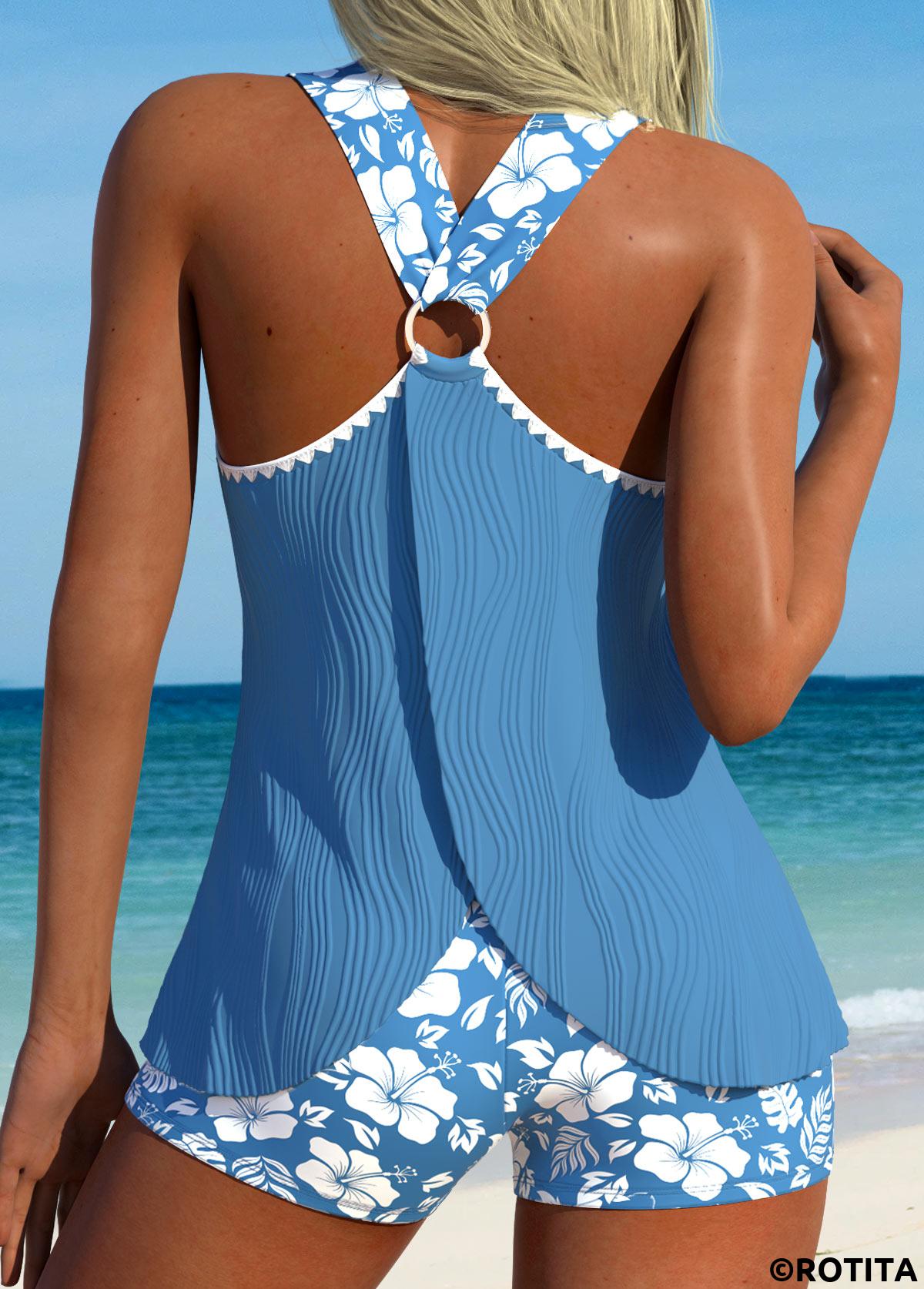Dusty Blue swimwear,Floral swimwear,Plants swimwear,ROTITA Circular Ring Dusty Blue Floral Print Tankini Set