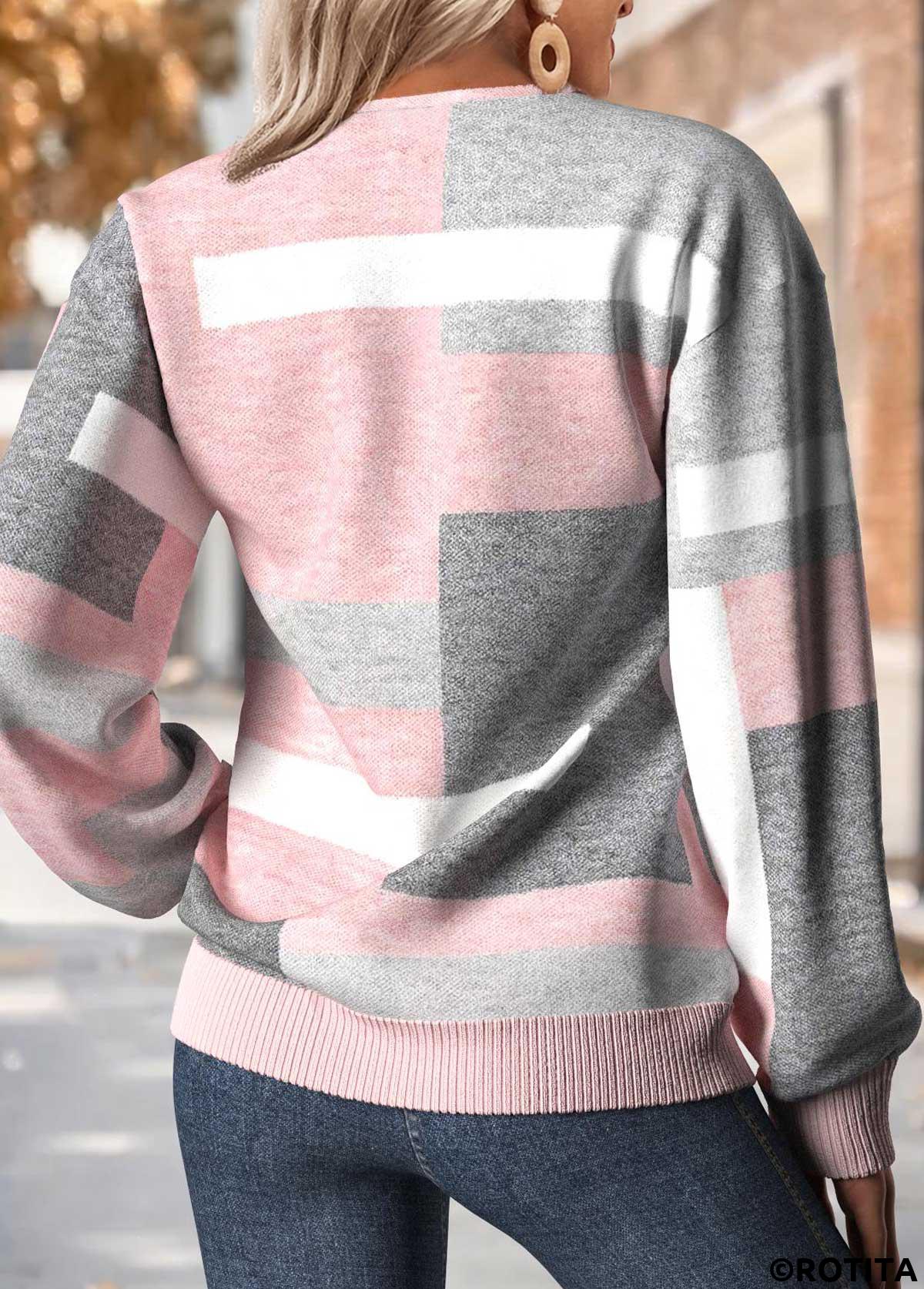 Light Pink tops,Geometric tops,ROTITA Tummy Coverage Geometric Print Light Pink Split Neck Sweatshirt