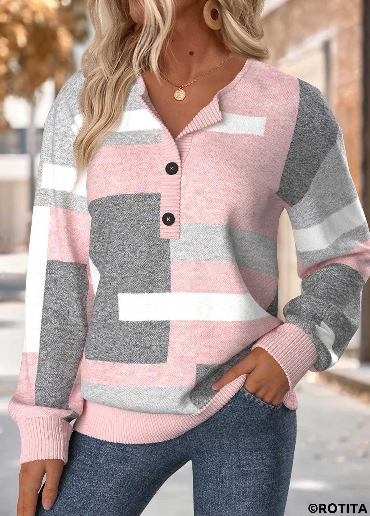 Light Pink tops,Geometric tops,ROTITA Tummy Coverage Geometric Print Light Pink Split Neck Sweatshirt