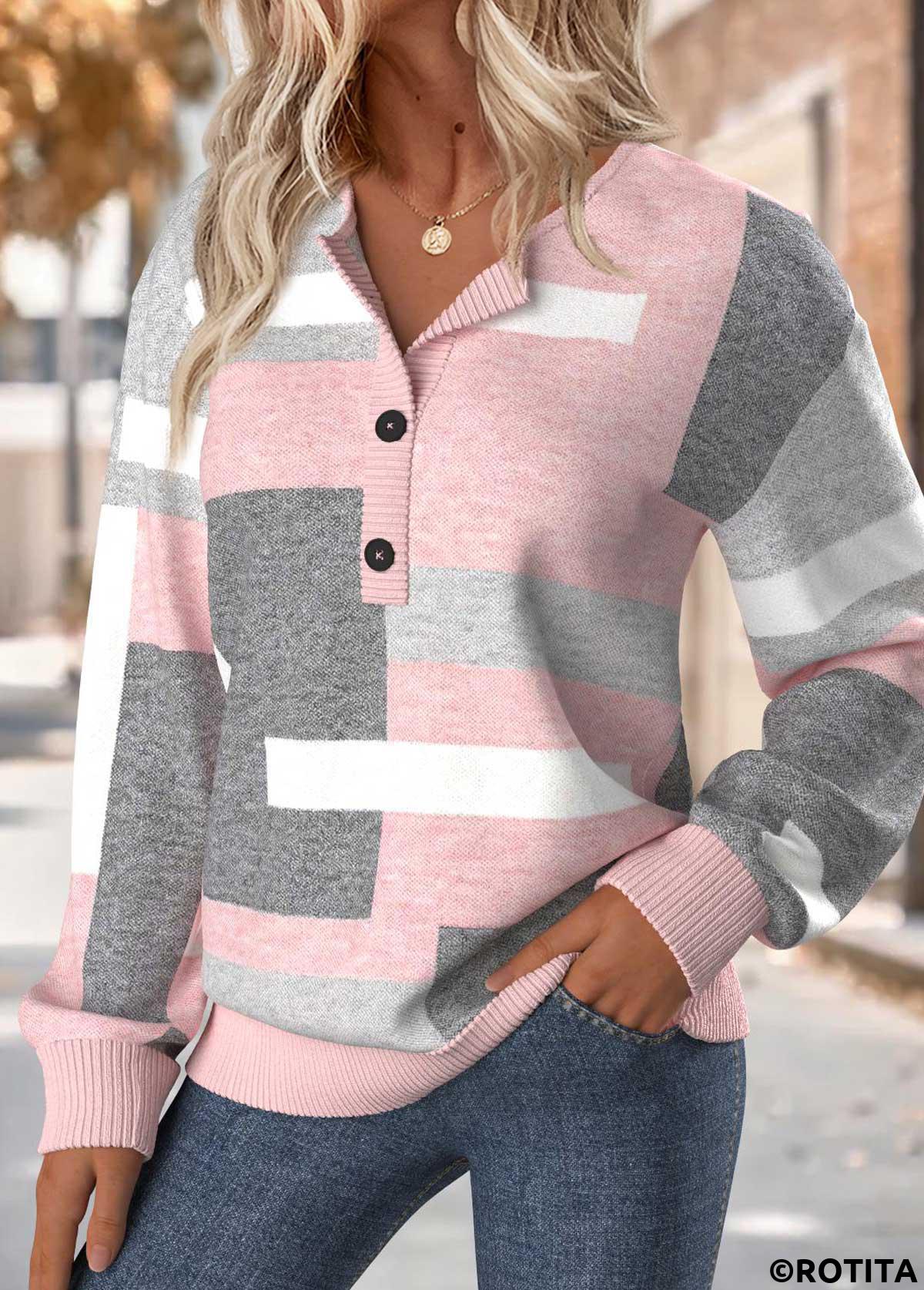 Light Pink tops,Geometric tops,ROTITA Tummy Coverage Geometric Print Light Pink Split Neck Sweatshirt