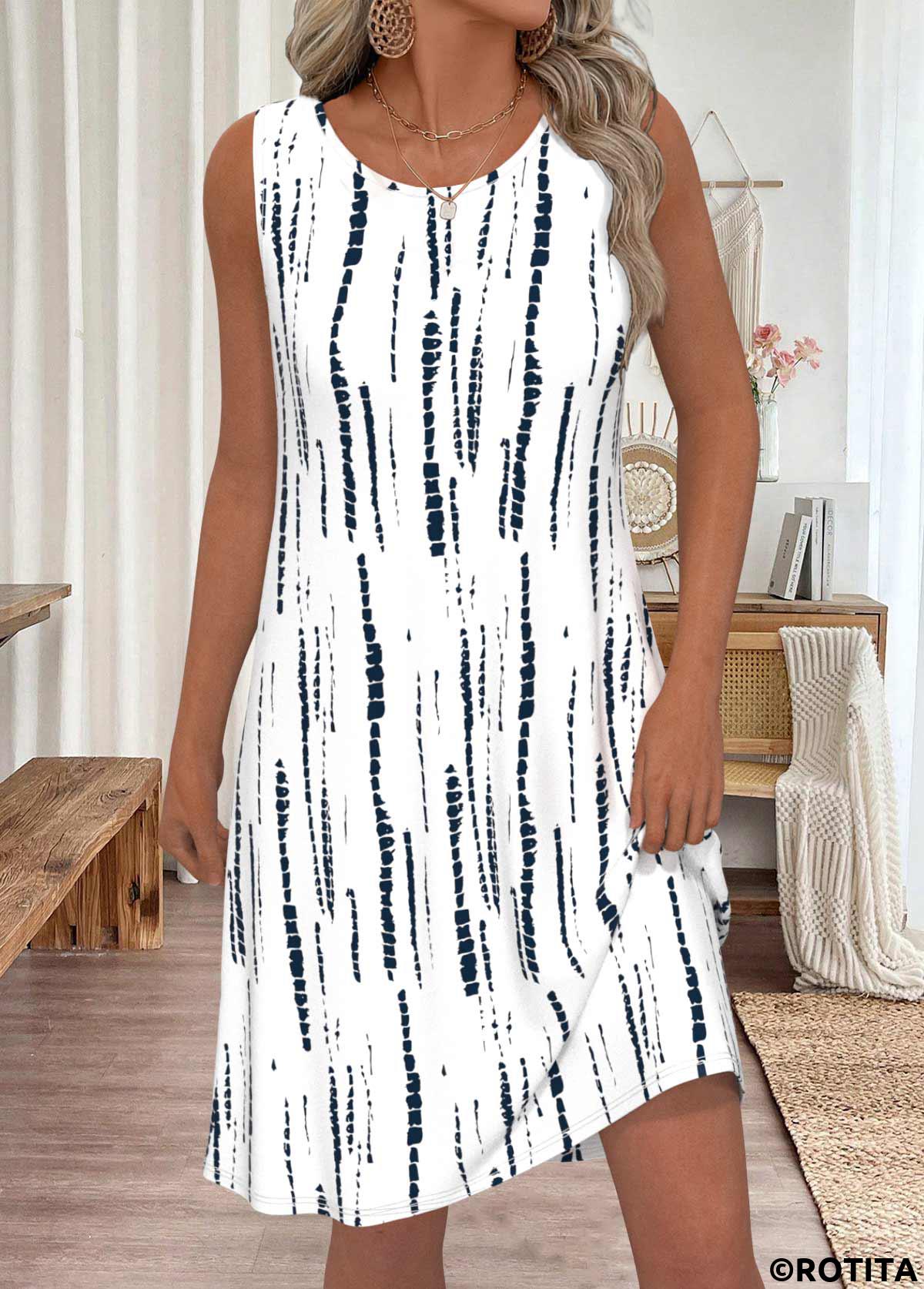 White dresses,Tie Dye dresses,Vacation dresses,Casual dresses,ROTITA Tie Dye Print White Round Neck Sleeveless Dress