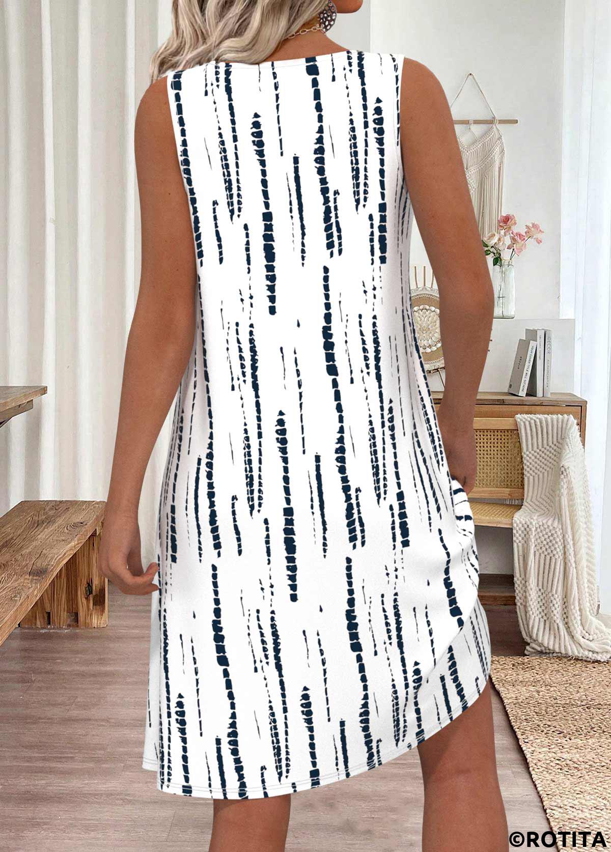 White dresses,Tie Dye dresses,Vacation dresses,Casual dresses,ROTITA Tie Dye Print White Round Neck Sleeveless Dress