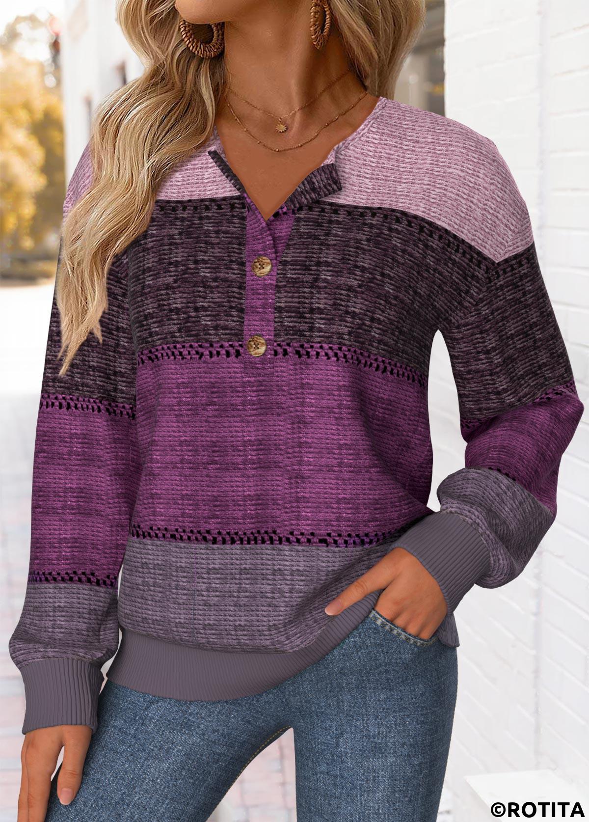 Purple tops,Striped tops,Geometric tops,ROTITA Tummy Coverage Striped Purple Split Neck Sweatshirt