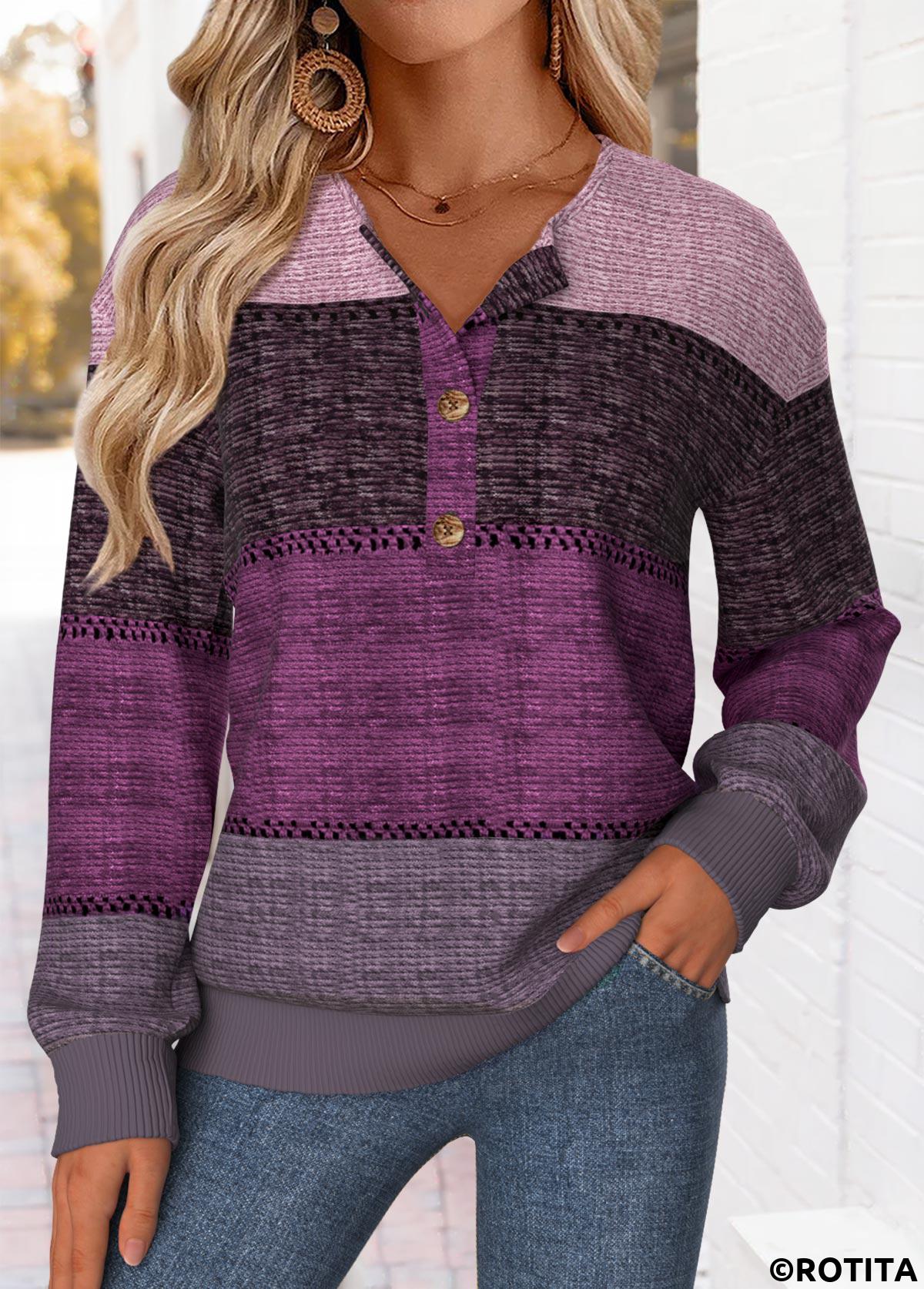 Purple tops,Striped tops,Geometric tops,ROTITA Tummy Coverage Striped Purple Split Neck Sweatshirt