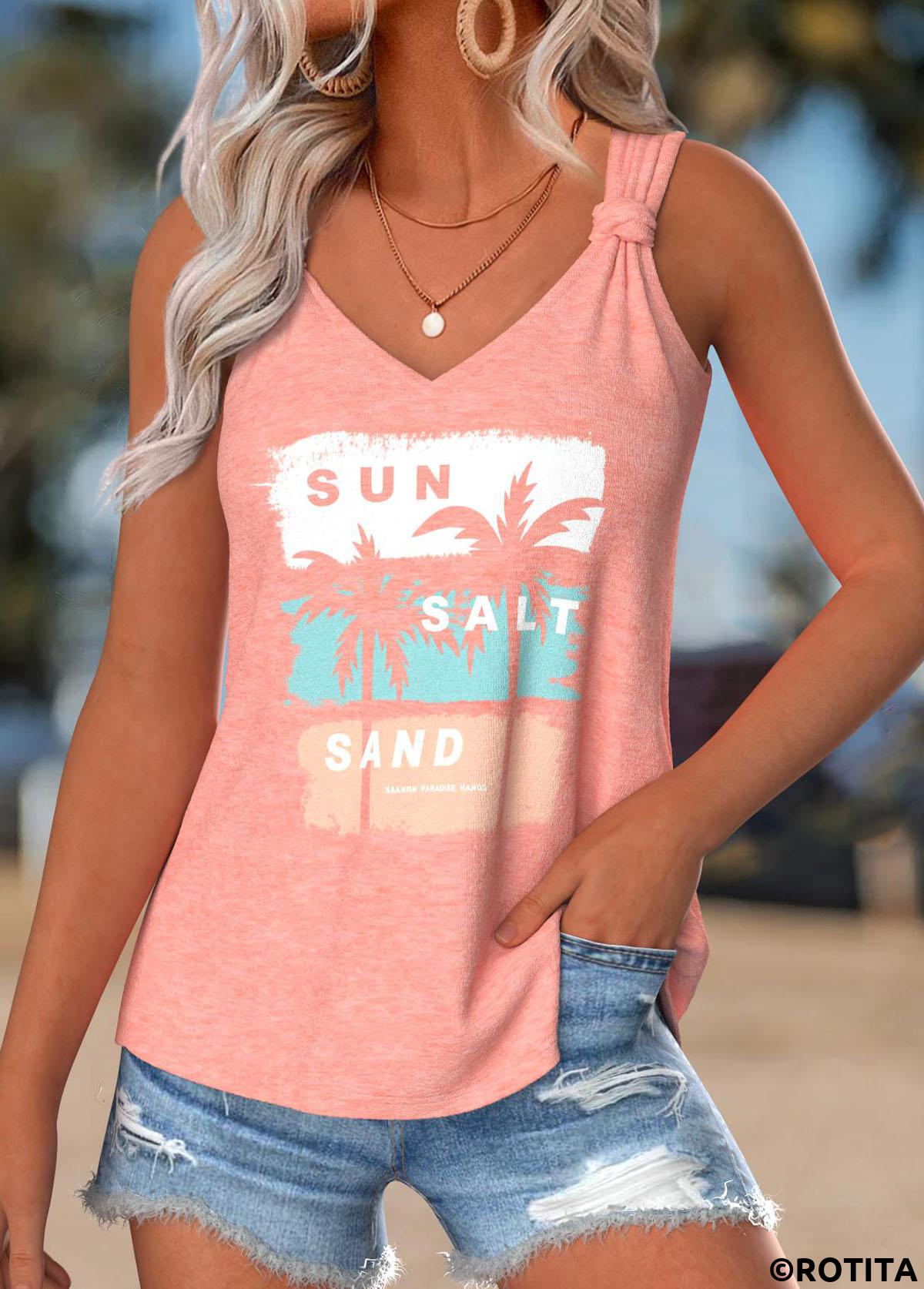 Dusty Pink tops,Plants tops,ROTITA Tummy Coverage Tropical Plants Print Dusty Pink Tank Top