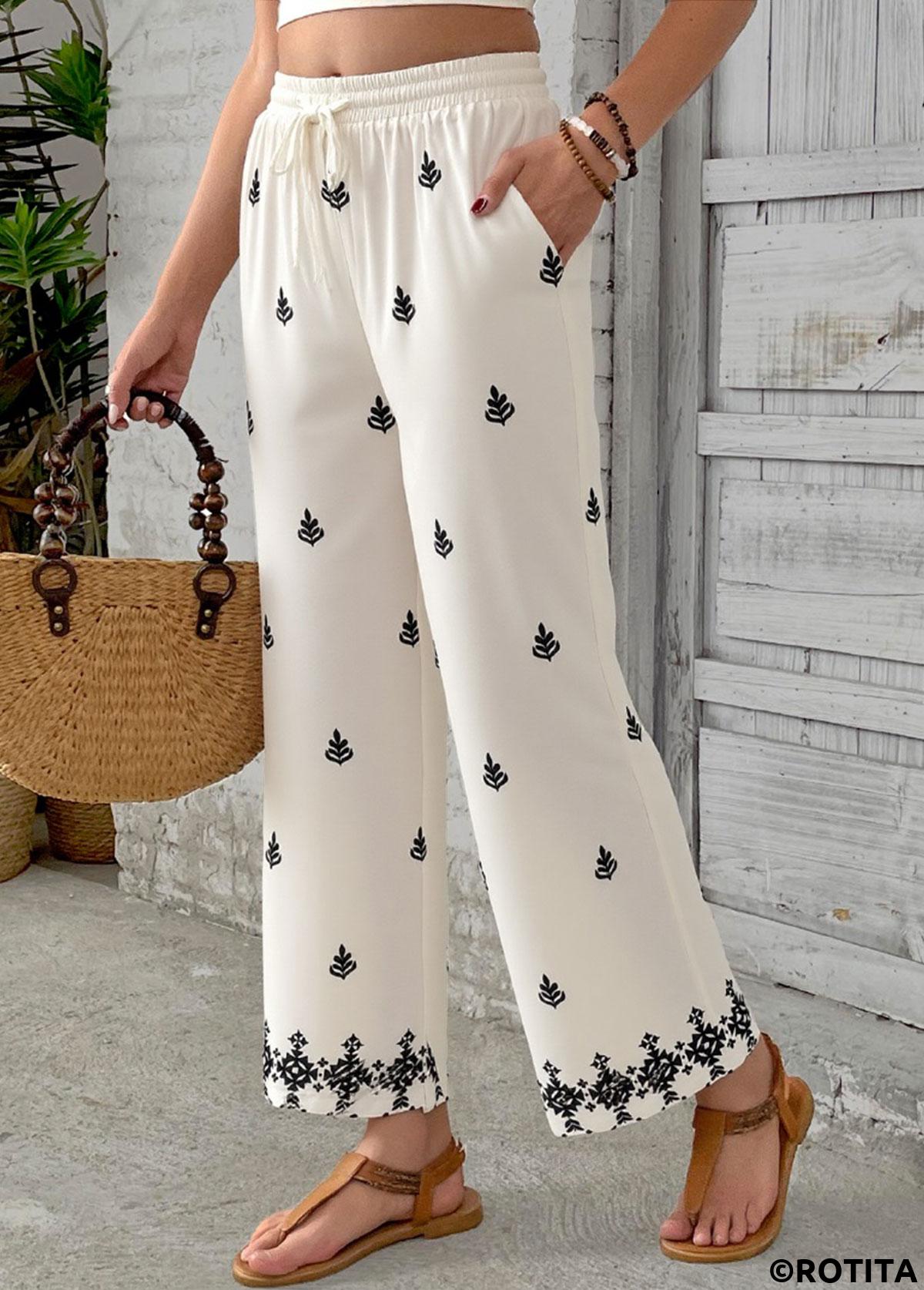 Beige bottoms,Tribal bottoms,Soft Tribal Print Beige Wide Leg Elastic Waist Pants