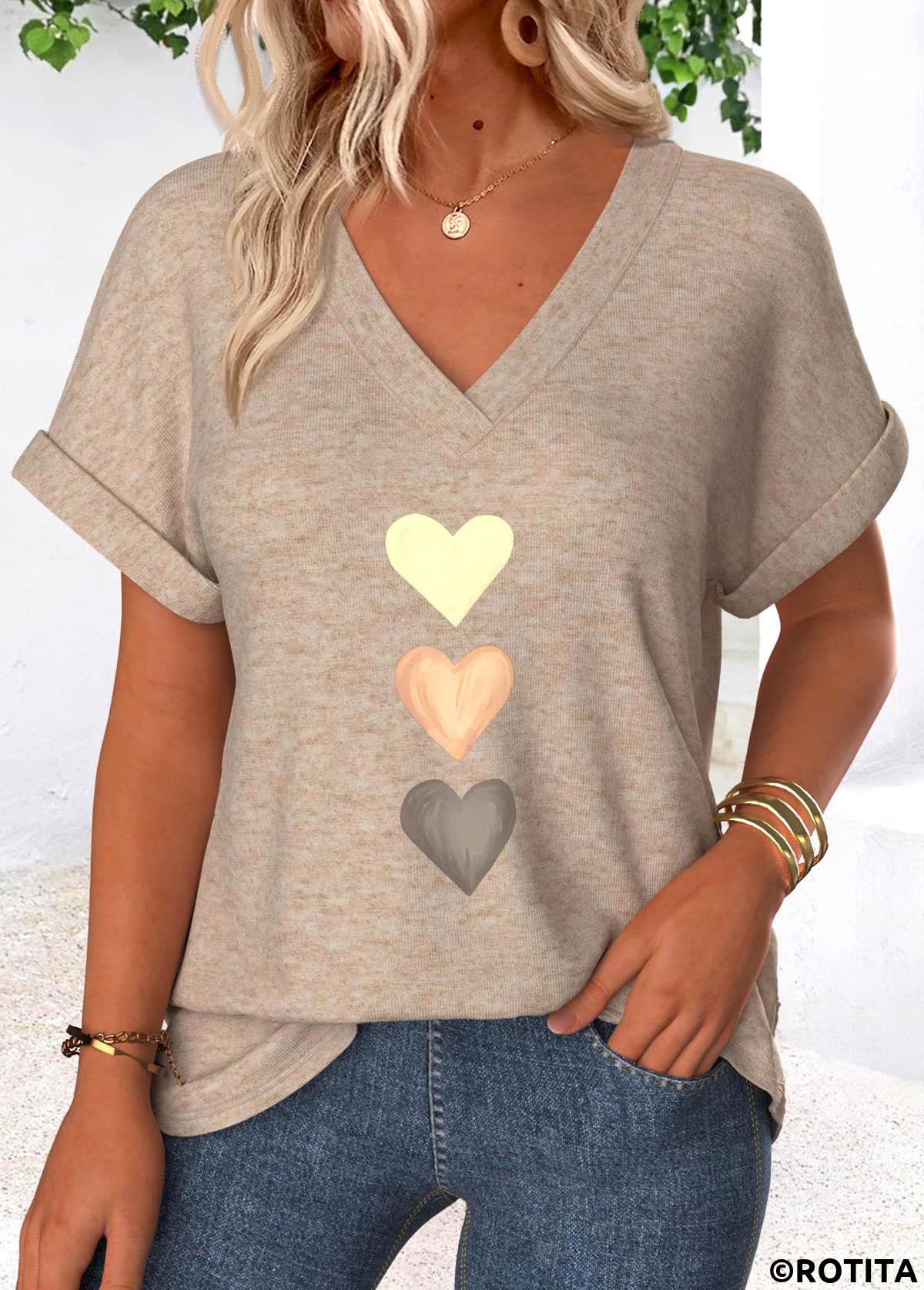 Light Camel tops,Heart tops,ROTITA Tummy Coverage Heart Print Light Camel T Shirt